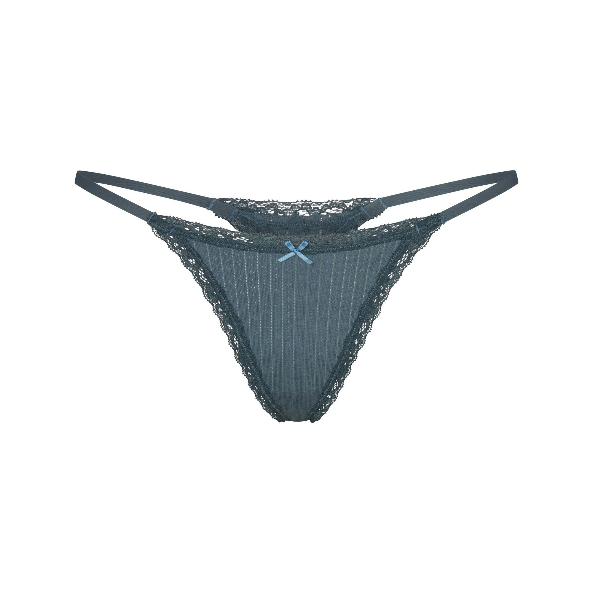 LIGHTWEIGHT COTTON POINTELLE LACE STRING THONG | ZIRCON TONAL FLAT ON A WHITE BACKGROUND | FLT