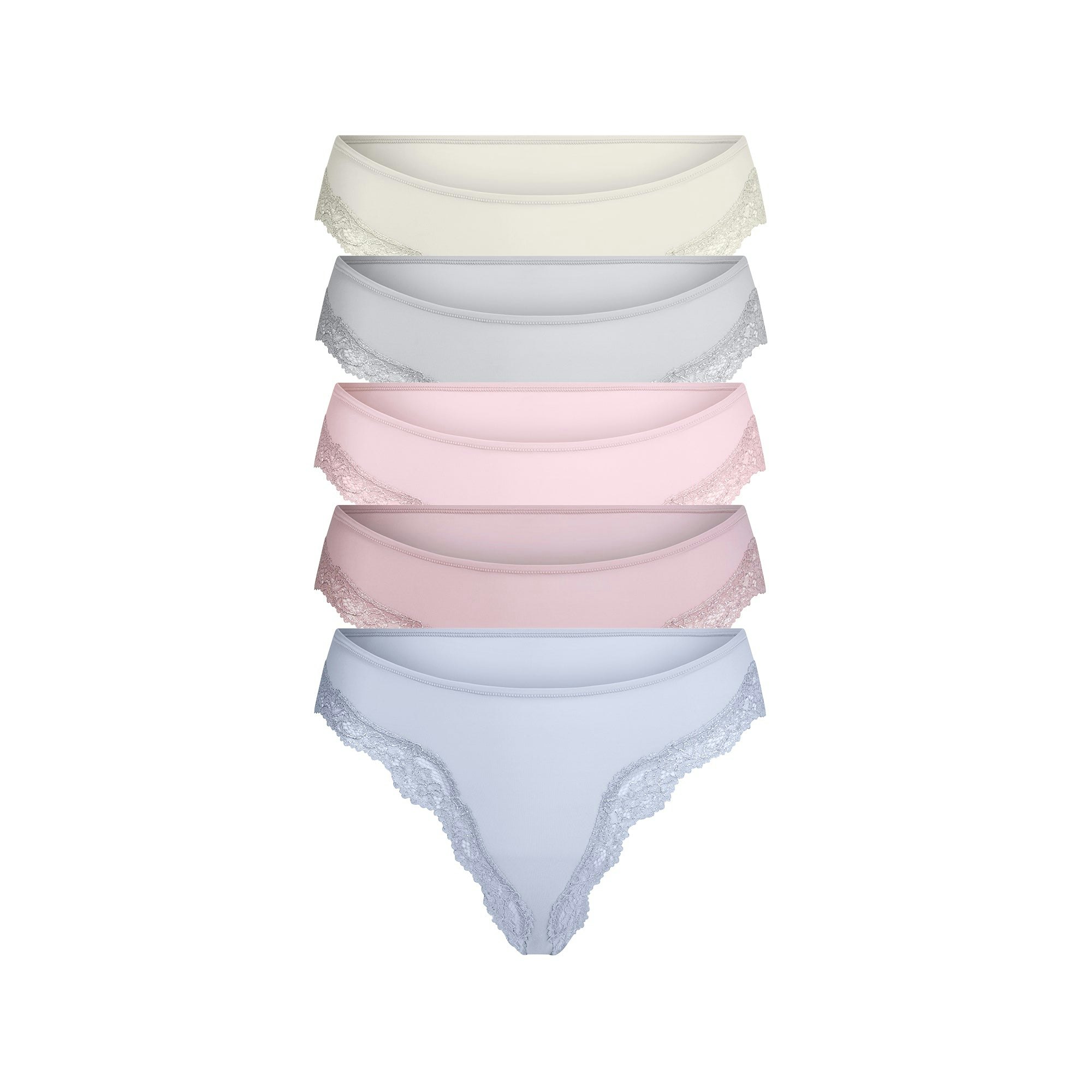 FITS EVERYBODY LACE CHEEKY TANGA 5-PACK | PERIWINKLE FOIL MULTI FLAT ON A WHITE BACKGROUND | FLT @ | FOCUS: 0.9, 0.1, 0.7