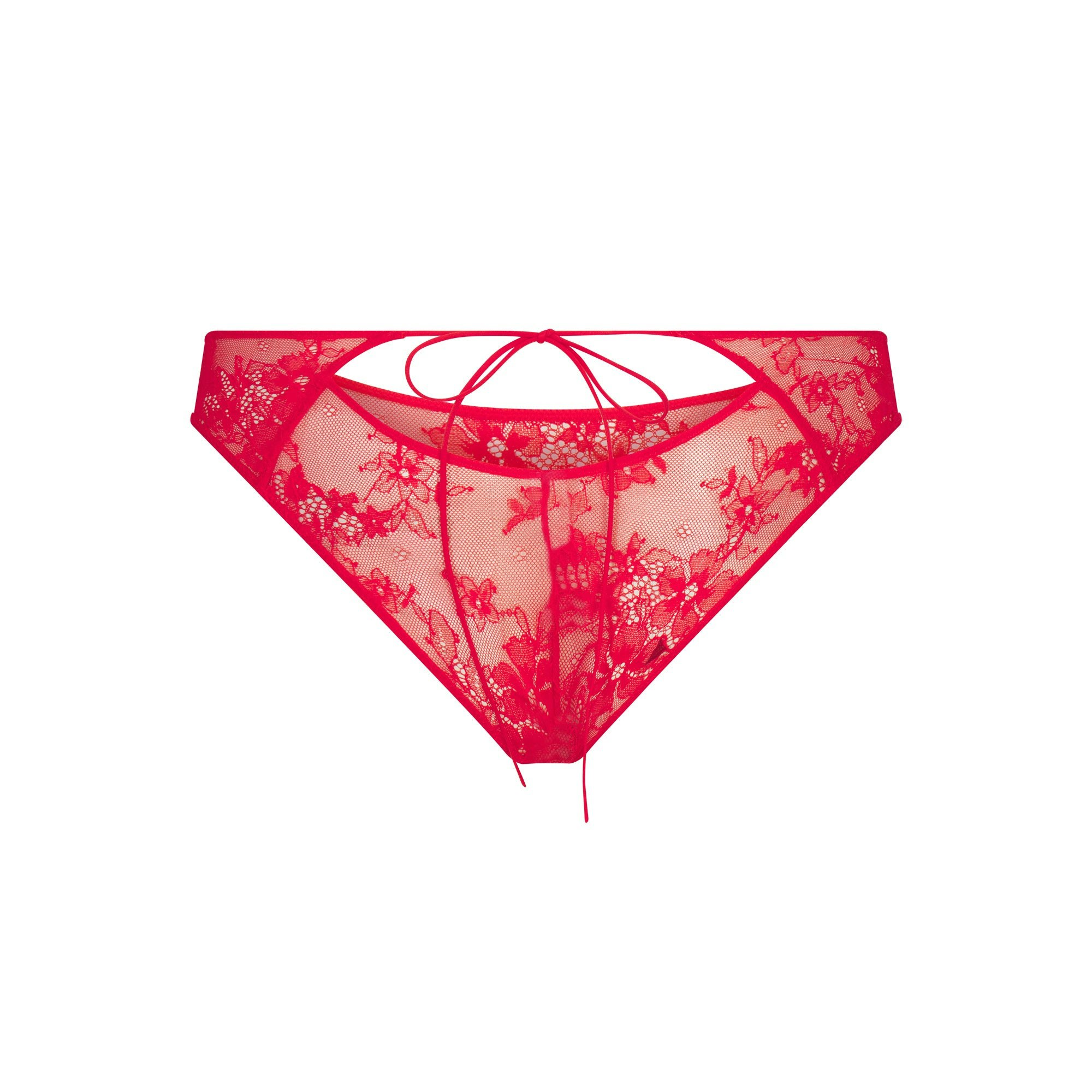 ULTRA FINE LACE PEEK-A-BOO BIKINI | RUBY FLAT ON A WHITE BACKGROUND