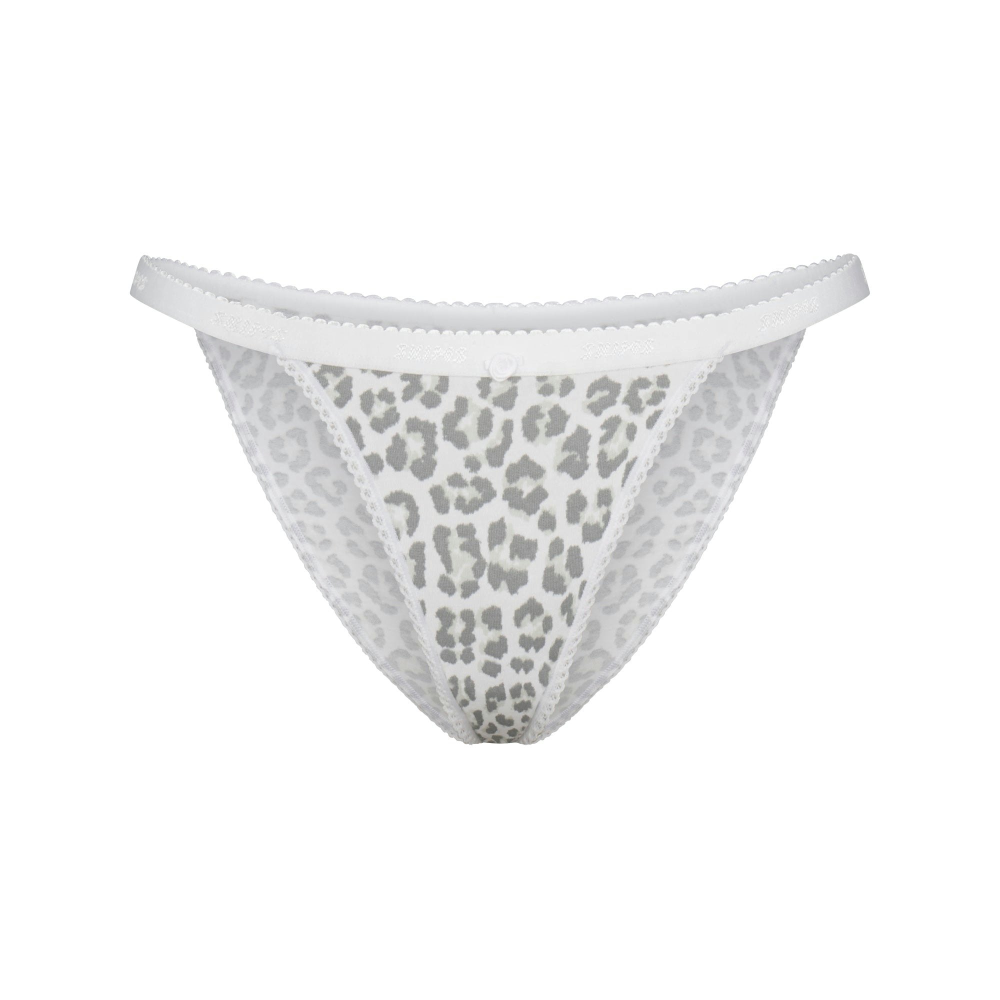 LIGHTWEIGHT COTTON LOGO PICOT STRING BIKINI | SNOW LEOPARD PRINT FLAT ON A WHITE BACKGROUND | FLT