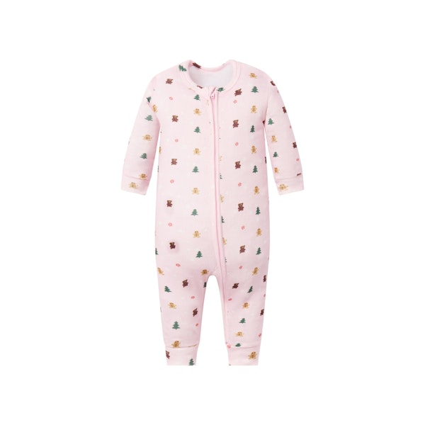 CACTUS PLANT FLEA MARKET X SKIMS PLUSH POINTELLE BABY ONESIE | CHERRY BLOSSOM SNOW PRINT FLAT ON A WHITE BACKGROUND | FLT