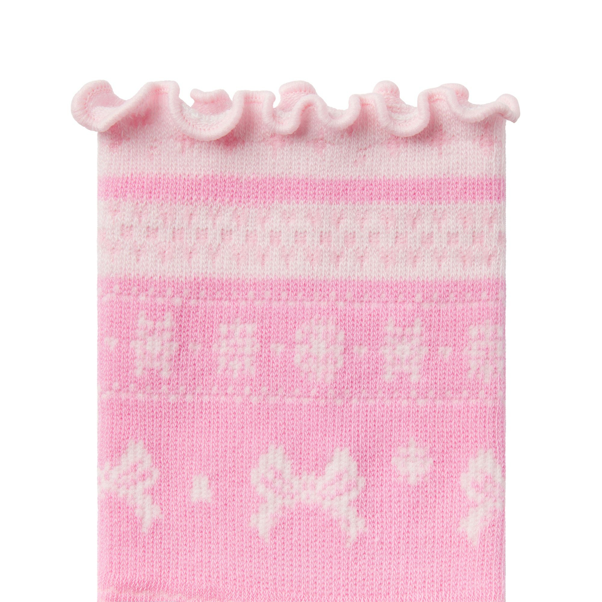 LETTUCE EDGE QUARTER CREW SOCK | BUBBLE GUM BOW FAIR ISLE FLAT ON A WHITE BACKGROUND | ADDITIONAL FABRIC DETAILS