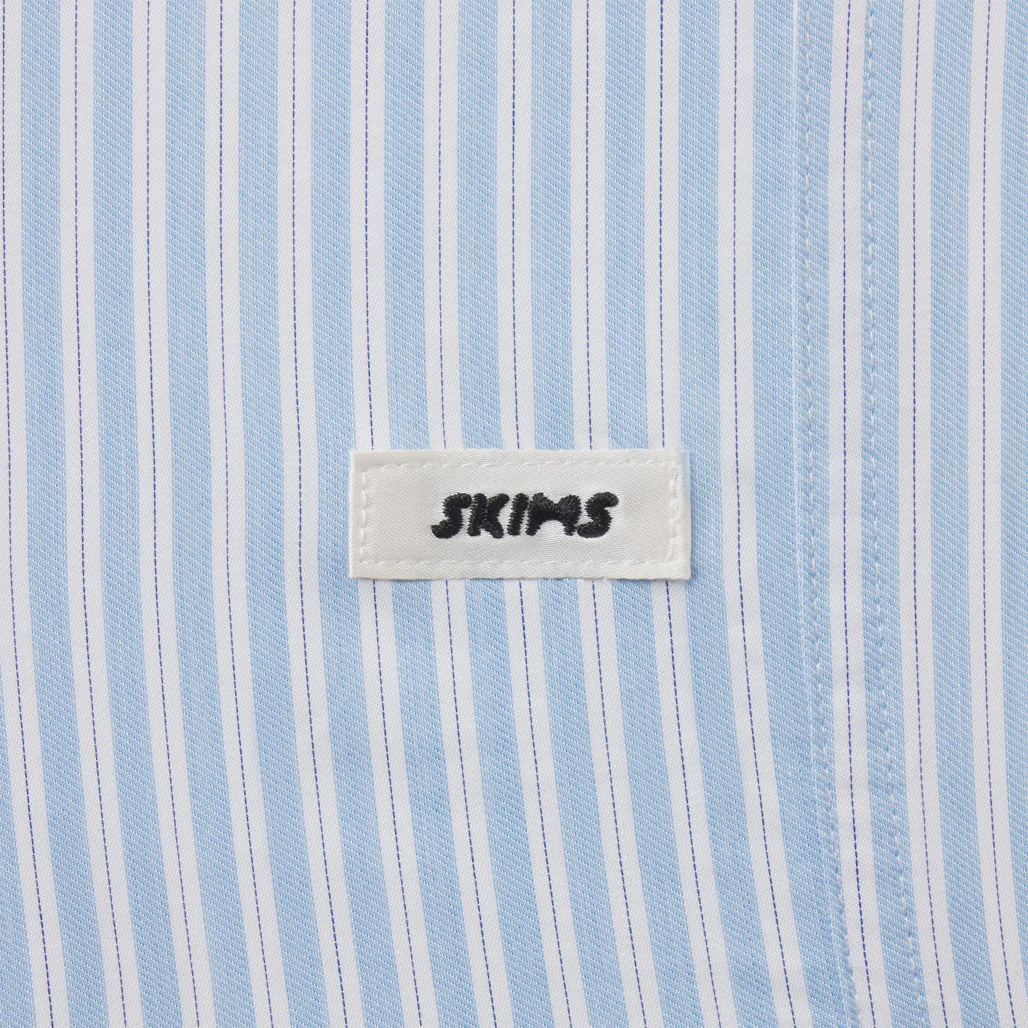 COTTON POPLIN SLEEP CROPPED BUTTON UP AND BLOOMER SET | MARINA MESH STRIPE & LAYS FLAT ON A WHITE BACKGROUND | FLT