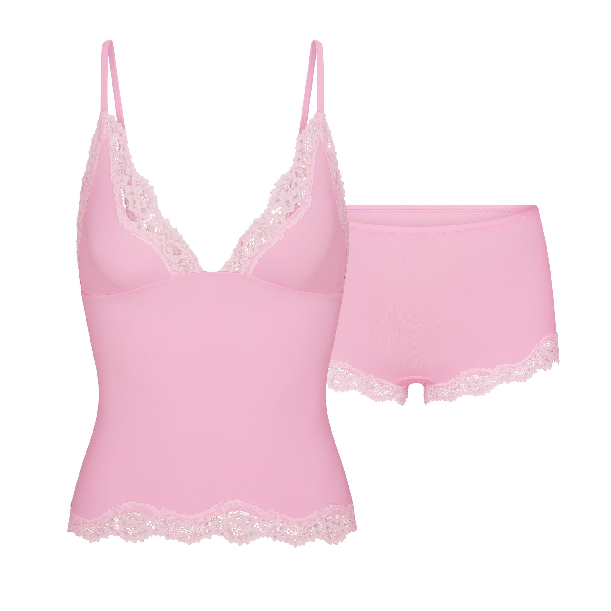 FITS EVERYBODY LACE TRIANGLE CAMI AND BOY SHORT SET | BUBBLEGUM TONAL FLAT ON A WHITE BACKGROUND | FLT