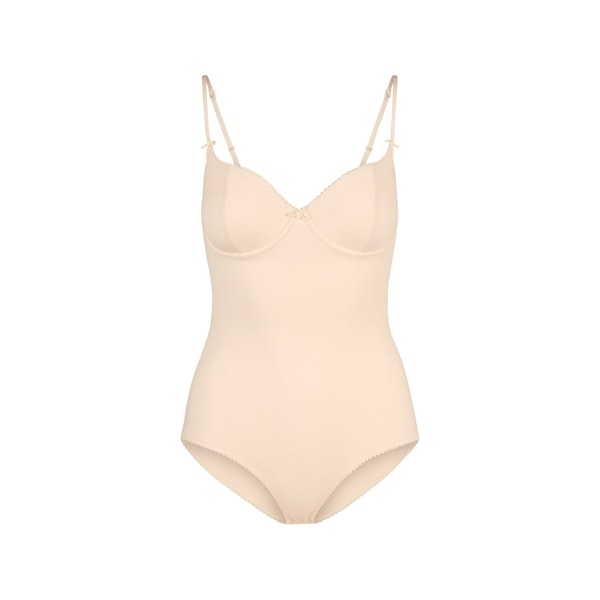VINTAGE SHAPEWEAR BRIEF BODYSUIT | SUNKISSED FLAT ON A WHITE BACKGROUND | FLT