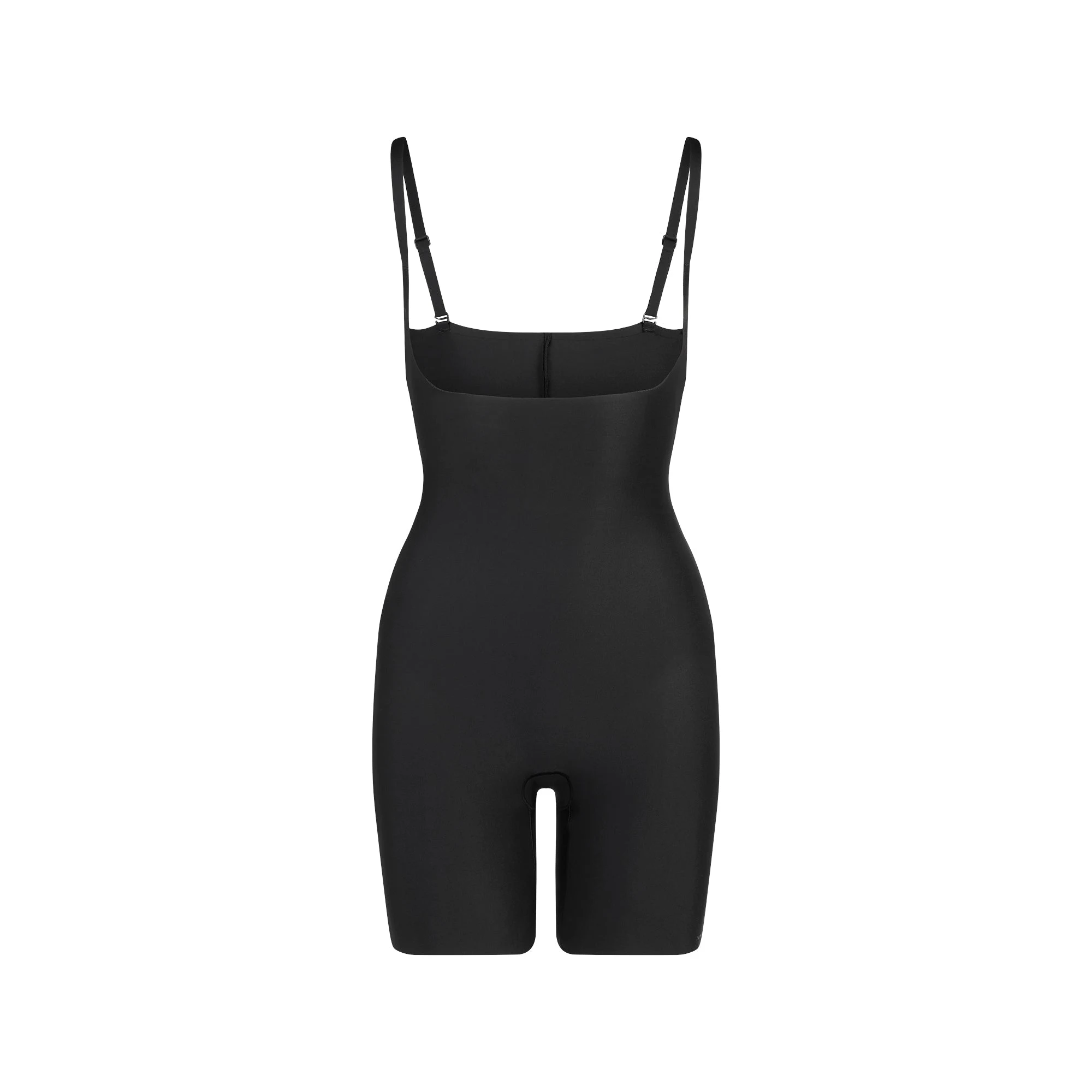 SKIMS BODY CORE SCULPT OPEN BUST MID THIGH BODYSUIT | ONYX FLAT ON A WHITE BACKGROUND | FLT