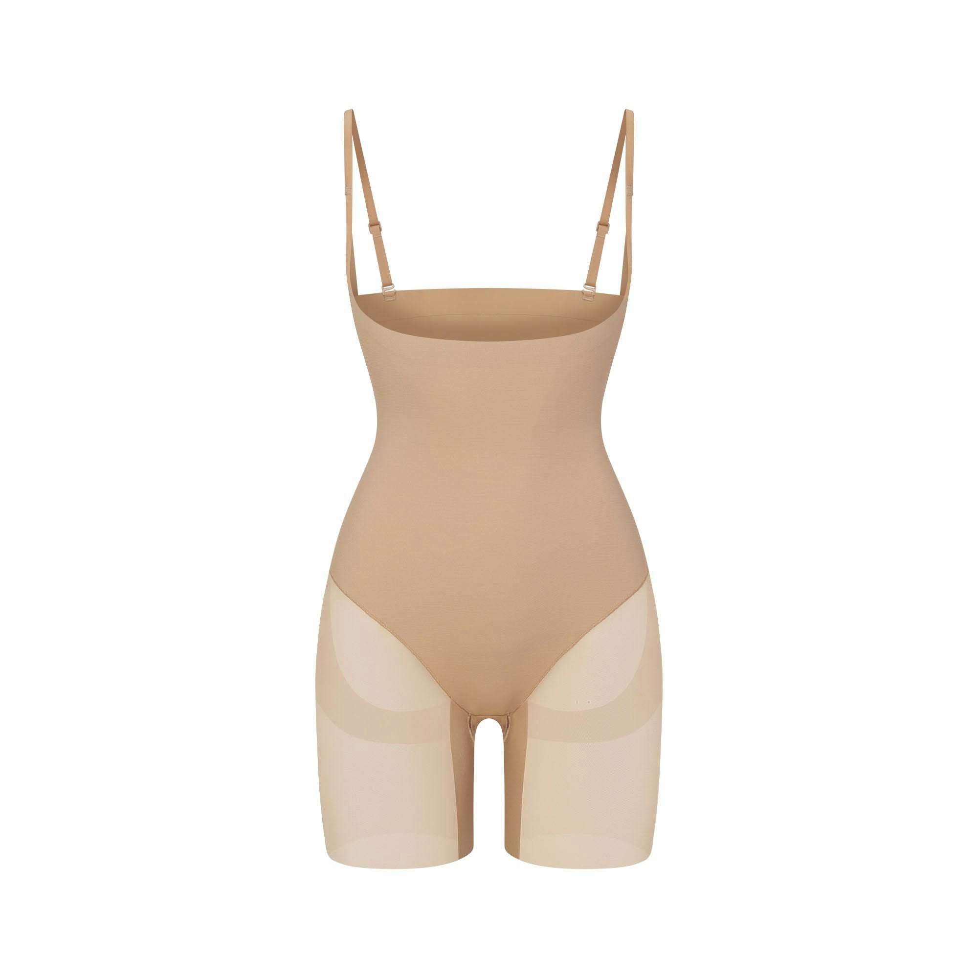 POWER MESH SHAPEWEAR CORE SCULPT OPEN BUST MID THIGH BODYSUIT | CLAY FLAT ON A WHITE BACKGROUND | FLT