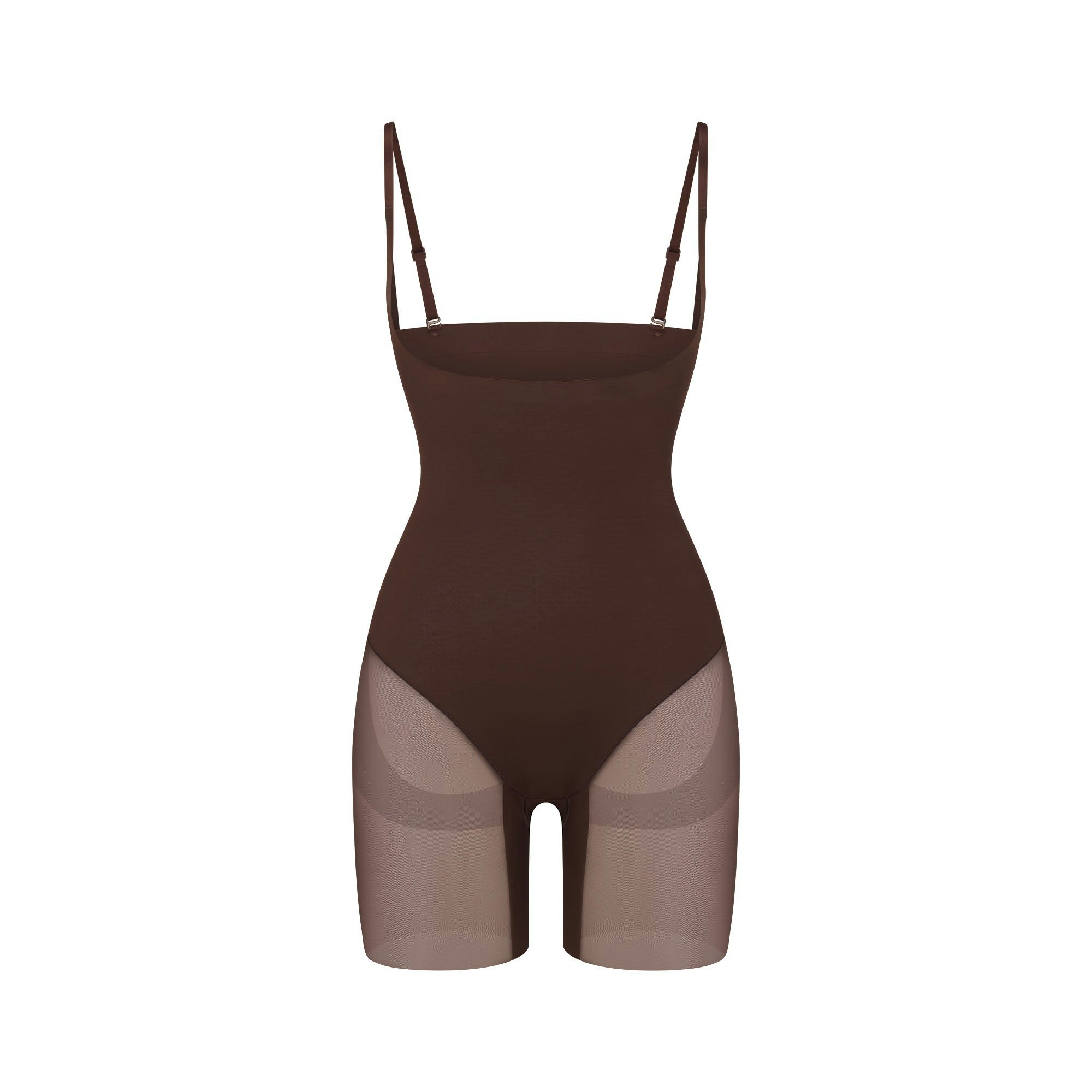 POWER MESH SHAPEWEAR CORE SCULPT OPEN BUST MID THIGH BODYSUIT | COCOA FLAT ON A WHITE BACKGROUND | FLT