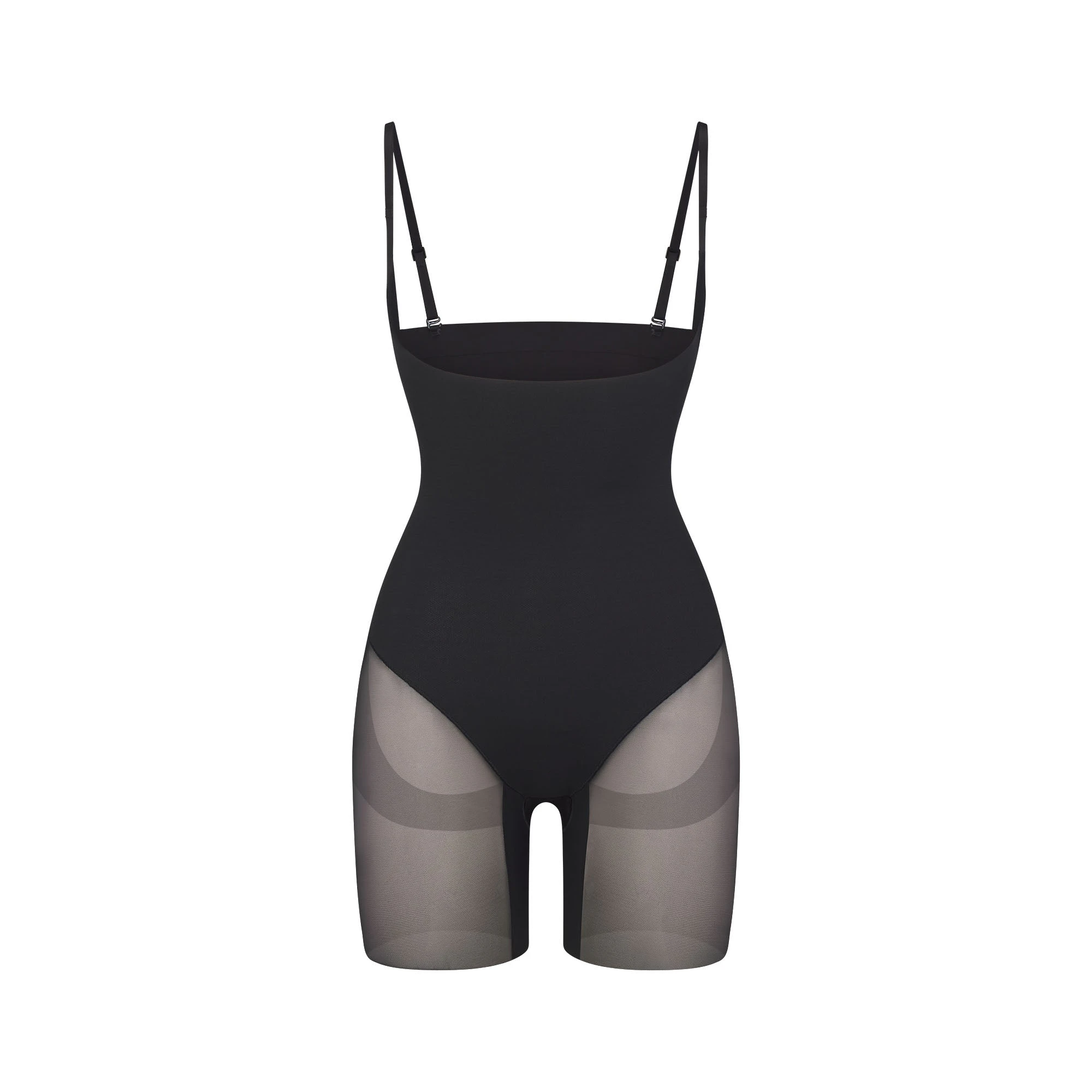 POWER MESH SHAPEWEAR CORE SCULPT OPEN BUST MID THIGH BODYSUIT | ONYX FLAT ON A WHITE BACKGROUND | FLT