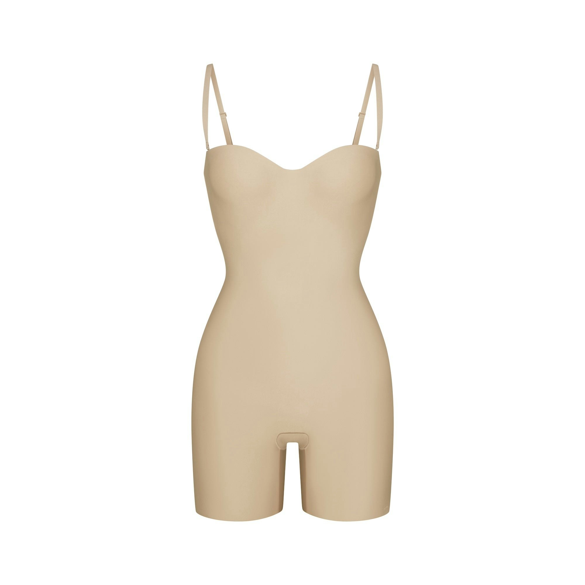 SKIMS BODY CORE SCULPT UNDERWIRE MID THIGH BODYSUIT | SAND (SHAPEWEAR BODYSUITS) FLAT ON A WHITE BACKGROUND | FLT