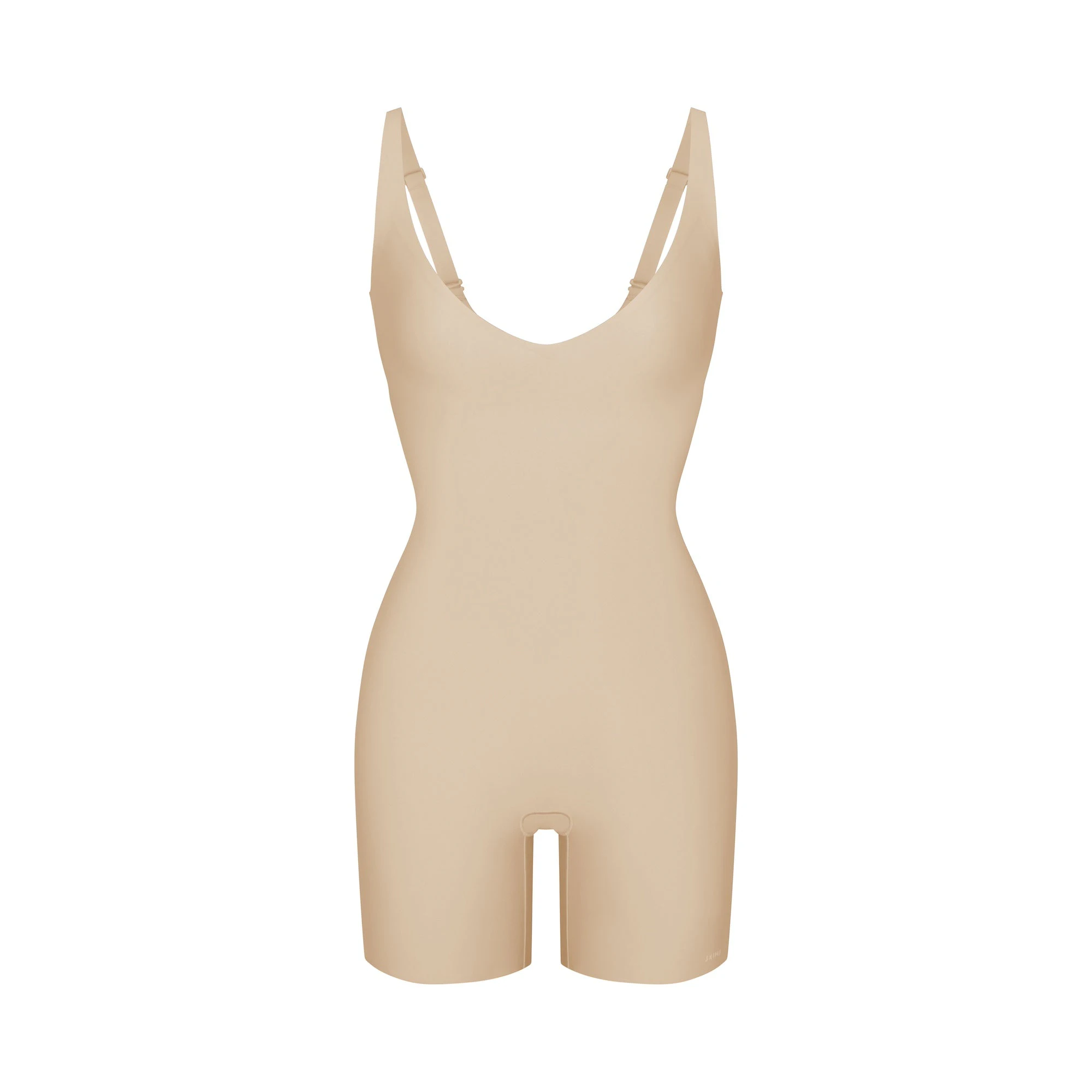 SKIMS BODY CORE SCULPT PLUNGE MID THIGH BODYSUIT | SAND (SHAPEWEAR BODYSUITS) FLAT ON A WHITE BACKGROUND | FLT