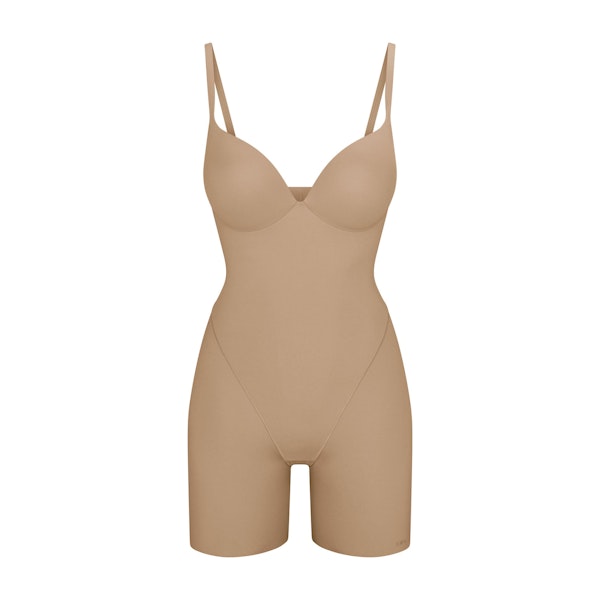 SKIMS ULTIMATE BODY PUSH-UP BUTT ENHANCING PADDED MID THIGH BODYSUIT | CLAY FLAT ON A WHITE BACKGROUND | FLT | FLT