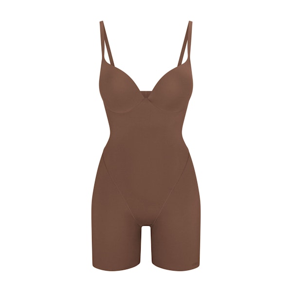 SKIMS ULTIMATE BODY PUSH-UP BUTT ENHANCING PADDED MID THIGH BODYSUIT | JASPER FLAT ON A WHITE BACKGROUND | FLT | FLT