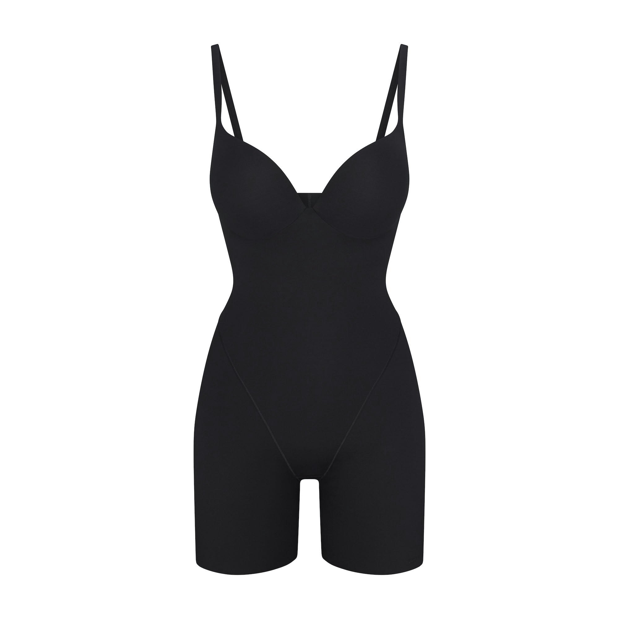 SKIMS ULTIMATE BODY PUSH-UP BUTT ENHANCING PADDED MID THIGH BODYSUIT | ONYX FLAT ON A WHITE BACKGROUND | FLT | FLT