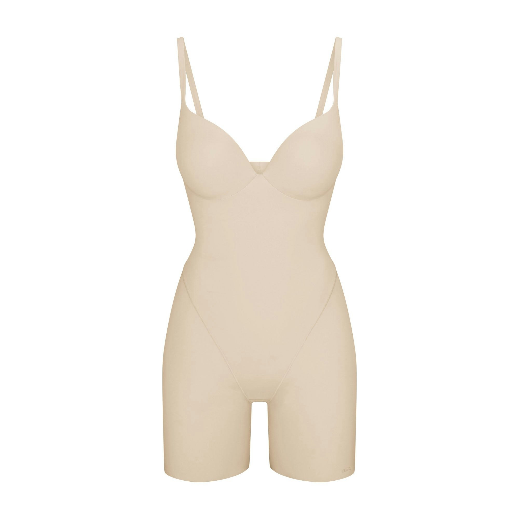 SKIMS ULTIMATE BODY PUSH-UP BUTT ENHANCING PADDED MID THIGH BODYSUIT | SAND FLAT ON A WHITE BACKGROUND | FLT | FLT