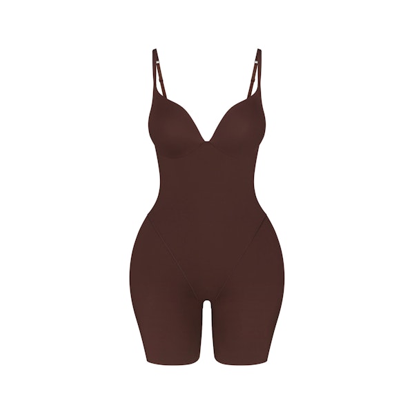 SKIMS ULTIMATE BODY BUTT AND HIP ENHANCING MID THIGH BODYSUIT | COCOA FLAT ON A WHITE BACKGROUND | FLT