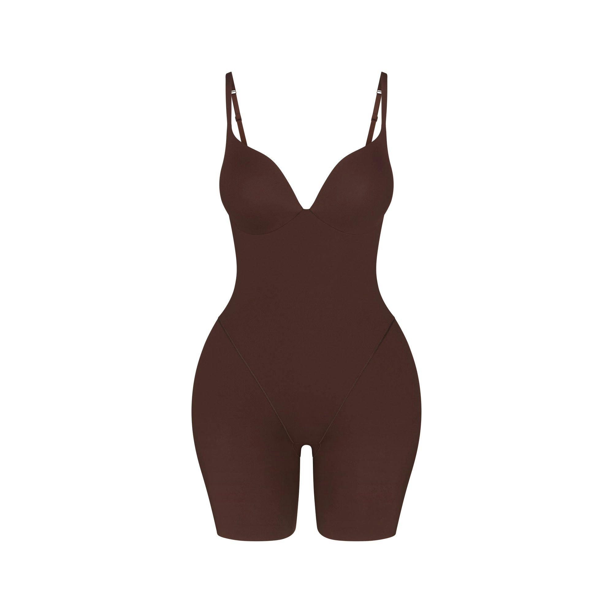 SKIMS ULTIMATE BODY BUTT AND HIP ENHANCING MID THIGH BODYSUIT | COCOA FLAT ON A WHITE BACKGROUND | FLT