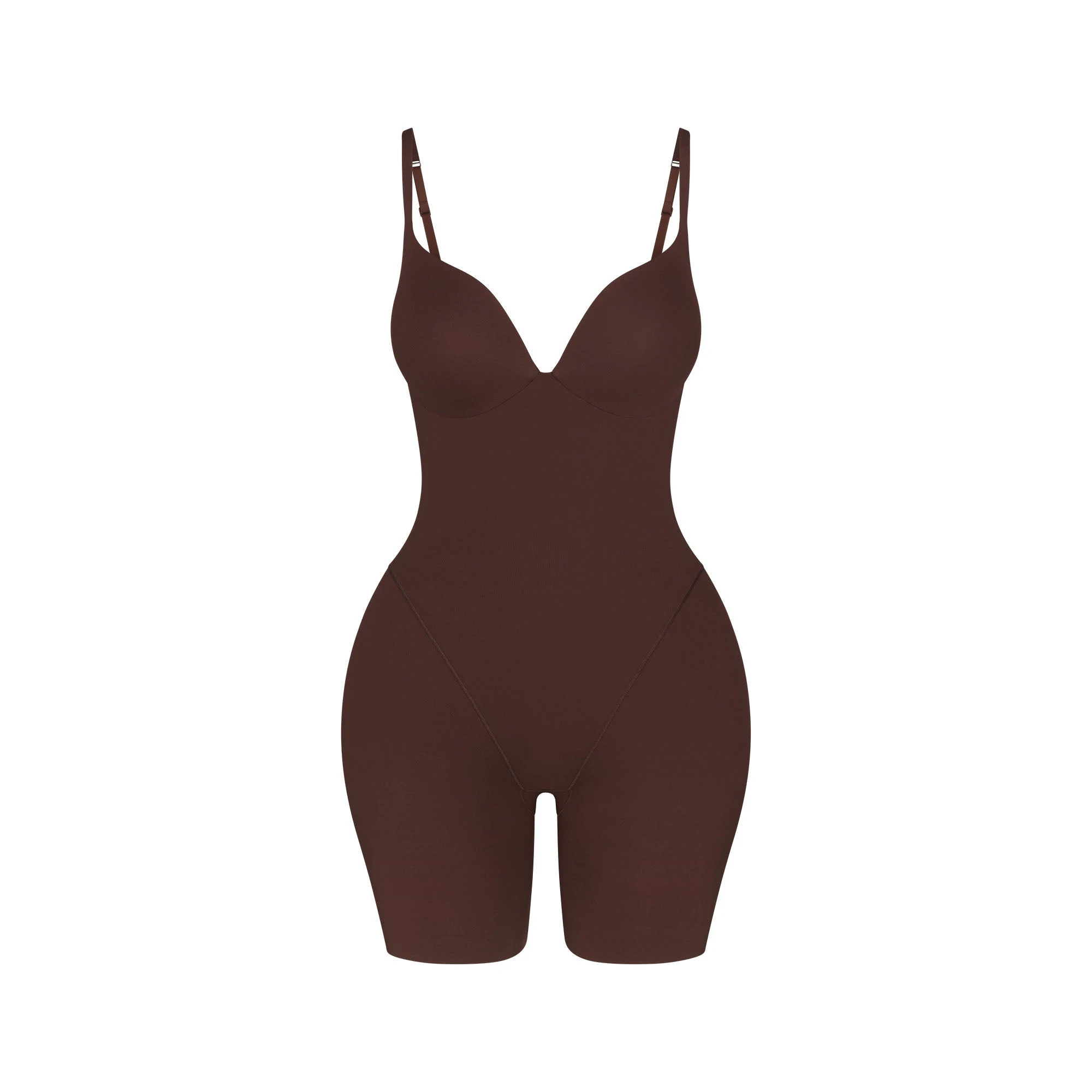 SKIMS ULTIMATE BODY BUTT AND HIP ENHANCING MID THIGH BODYSUIT | COCOA FLAT ON A WHITE BACKGROUND | FLT