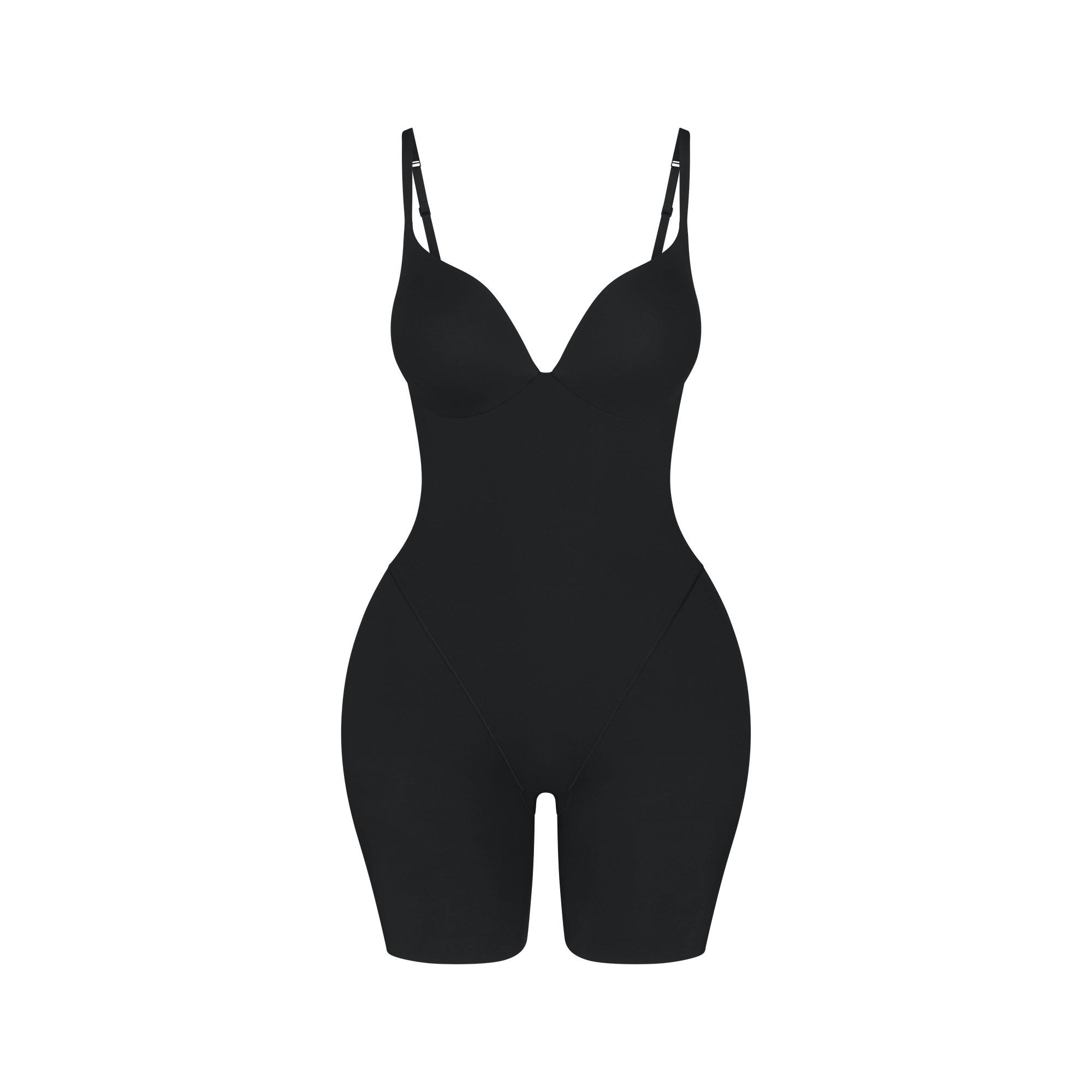 SKIMS ULTIMATE BODY BUTT AND HIP ENHANCING MID THIGH BODYSUIT | ONYX FLAT ON A WHITE BACKGROUND | FLT
