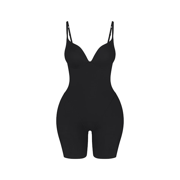 SKIMS ULTIMATE BODY BUTT AND HIP ENHANCING MID THIGH BODYSUIT | ONYX FLAT ON A WHITE BACKGROUND | FLT