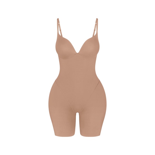 SKIMS ULTIMATE BODY BUTT AND HIP ENHANCING MID THIGH BODYSUIT | SIENNA FLAT ON A WHITE BACKGROUND | FLT