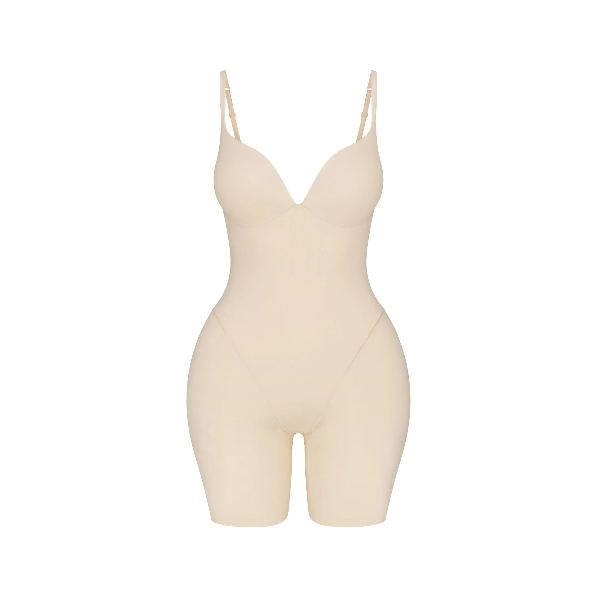 SKIMS ULTIMATE BODY BUTT AND HIP ENHANCING MID THIGH BODYSUIT | SAND FLAT ON A WHITE BACKGROUND | FLT