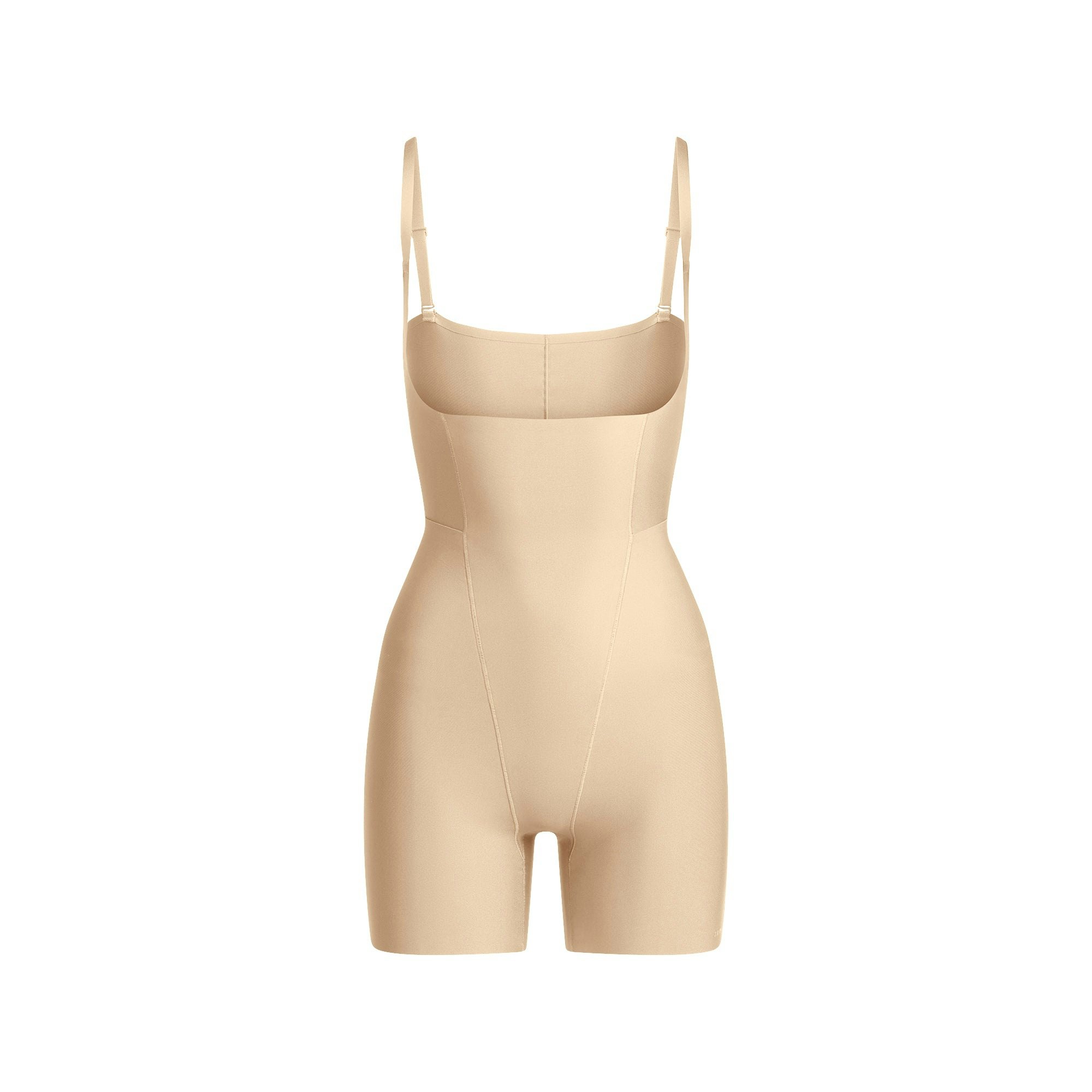 SKIMS BODY CORE SCULPT FUNCTIONAL MID THIGH BODYSUIT | SAND FLAT ON A WHITE BACKGROUND | FLT