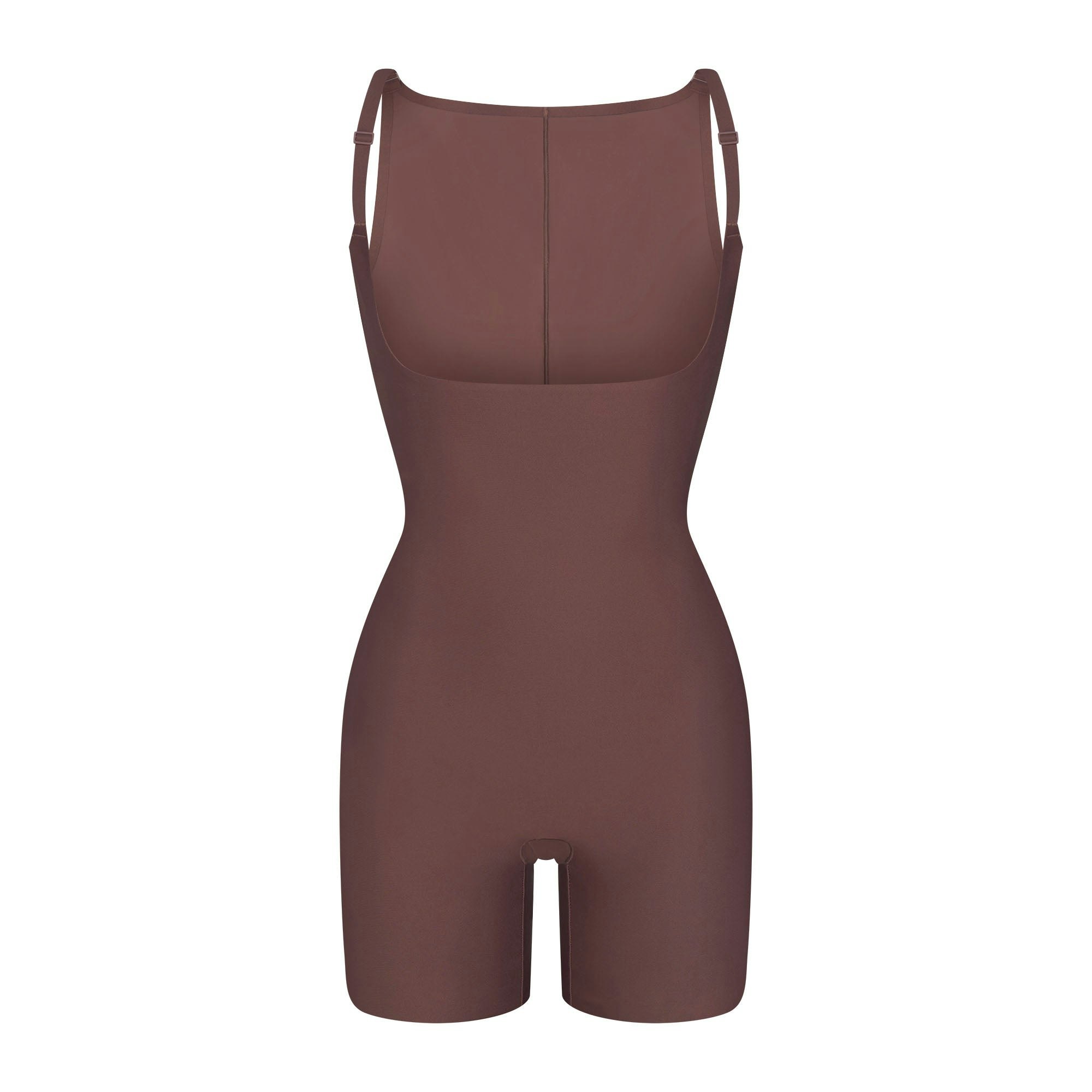 SKIMS BODY CORE SCULPT BACK SMOOTHING OPEN BUST MID THIGH BODYSUIT | COCOA FLAT ON A WHITE BACKGROUND | FLT