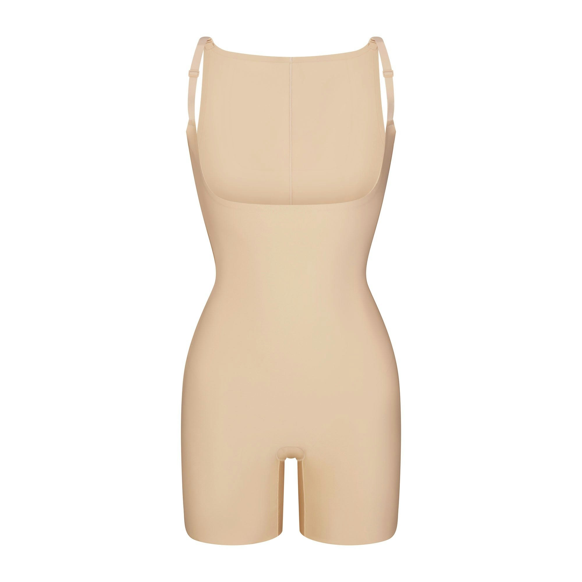 SKIMS BODY CORE SCULPT BACK SMOOTHING OPEN BUST MID THIGH BODYSUIT | SAND FLAT ON A WHITE BACKGROUND | FLT