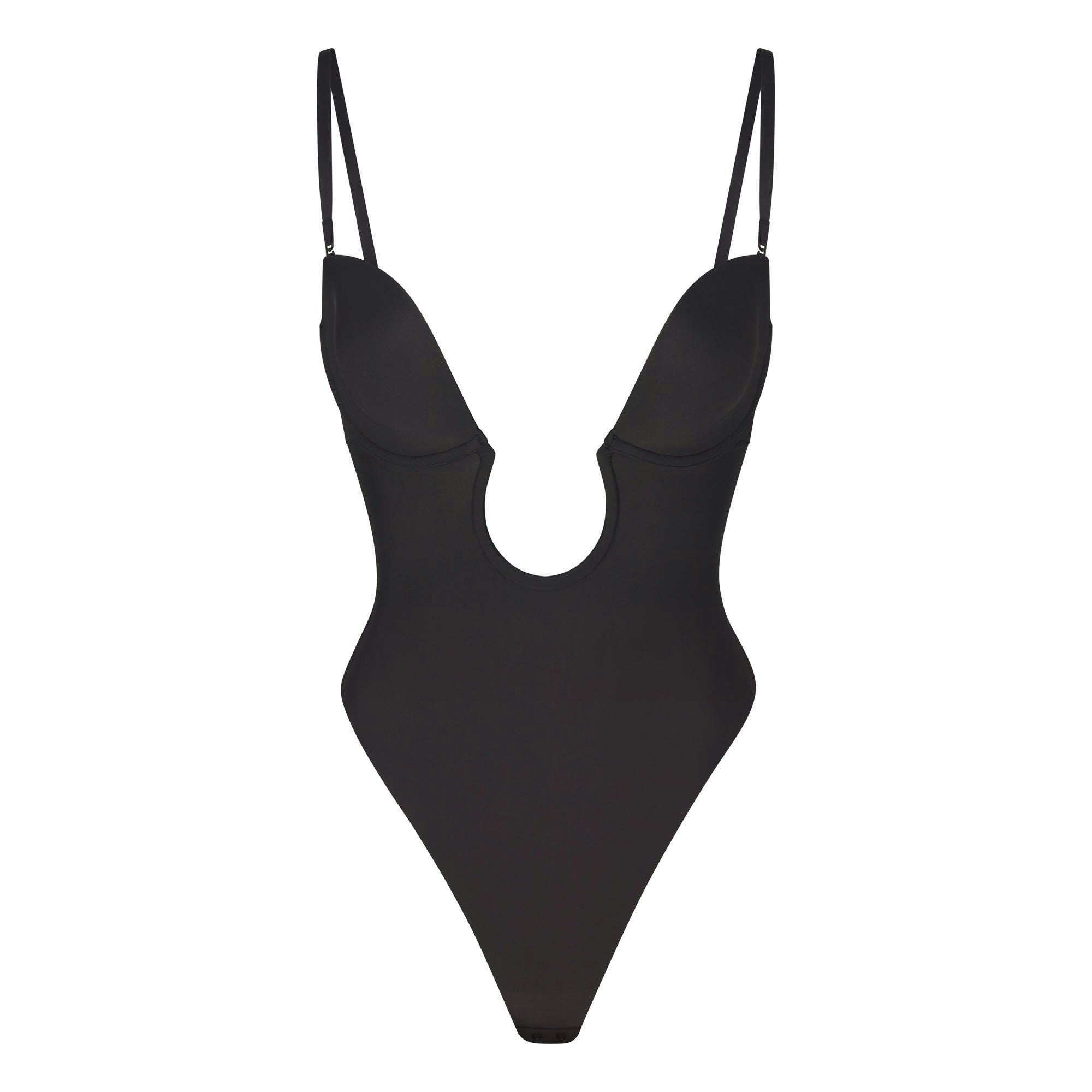 DEEP PLUNGE SHAPEWEAR BODYSUIT LAYS FLAT ON A WHITE BACKGROUND