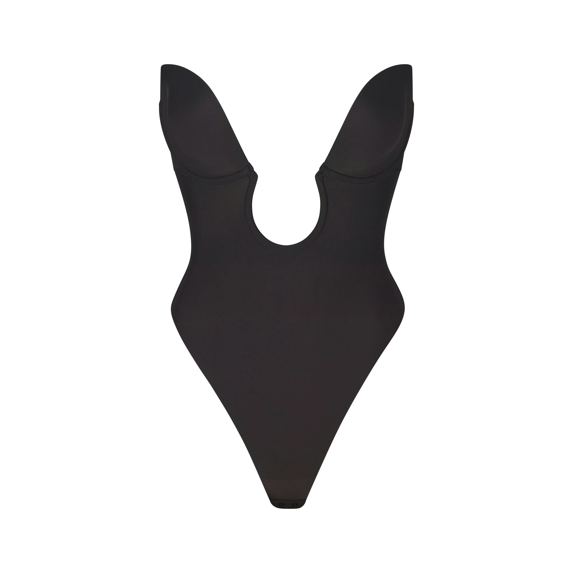 DEEP PLUNGE SHAPEWEAR BODYSUIT LAYS FLAT ON A WHITE BACKGROUND