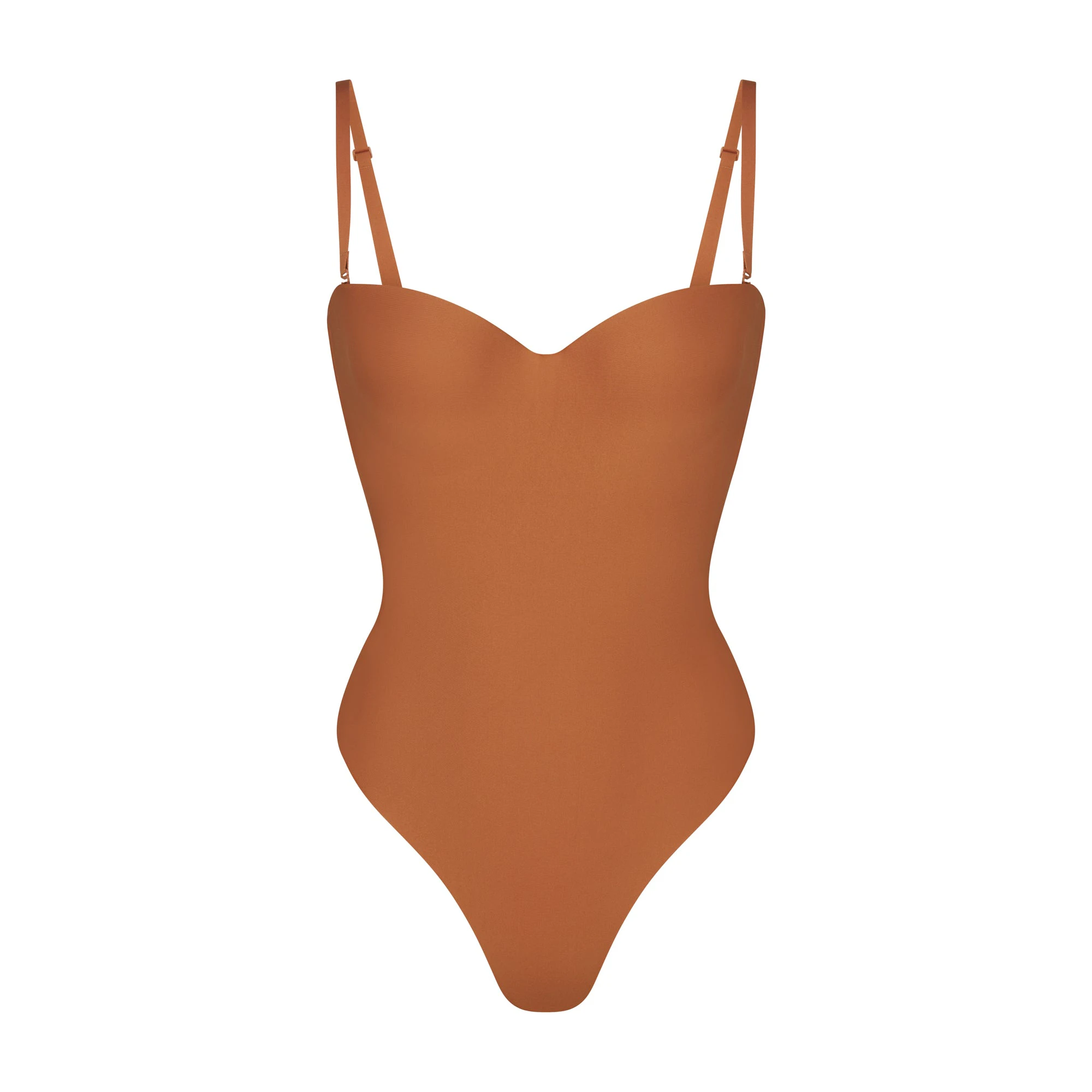 SKIMS BODY UNDERWIRE THONG BODYSUIT | BRONZE (SHAPEWEAR BODYSUITS, SHAPEWEAR) LAYS FLAT ON A WHITE BACKGROUND | FLT