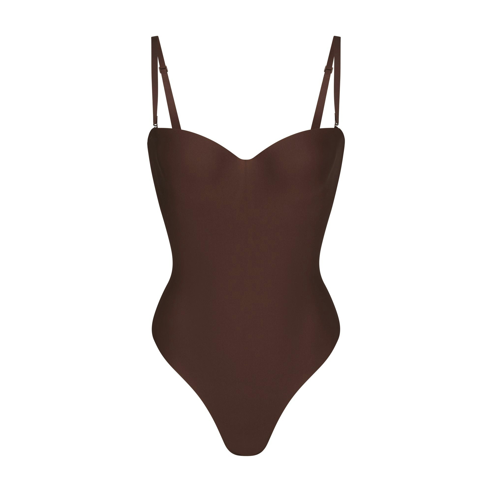 SKIMS BODY UNDERWIRE THONG BODYSUIT | COCOA (SHAPEWEAR BODYSUITS, SHAPEWEAR) LAYS FLAT ON A WHITE BACKGROUND | FLT