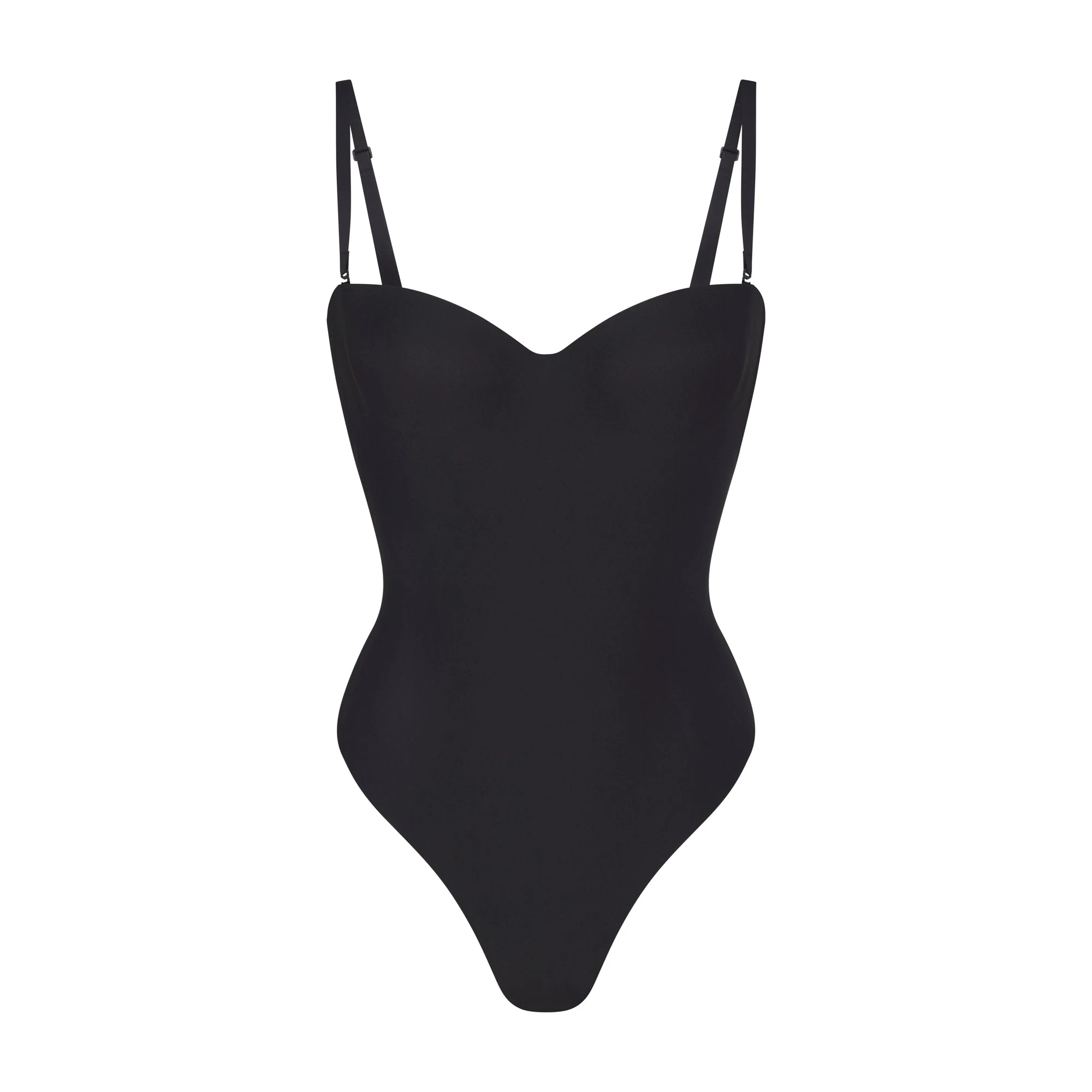 SKIMS BODY UNDERWIRE THONG BODYSUIT | ONYX (SHAPEWEAR BODYSUITS, SHAPEWEAR) LAYS FLAT ON A WHITE BACKGROUND | FLT