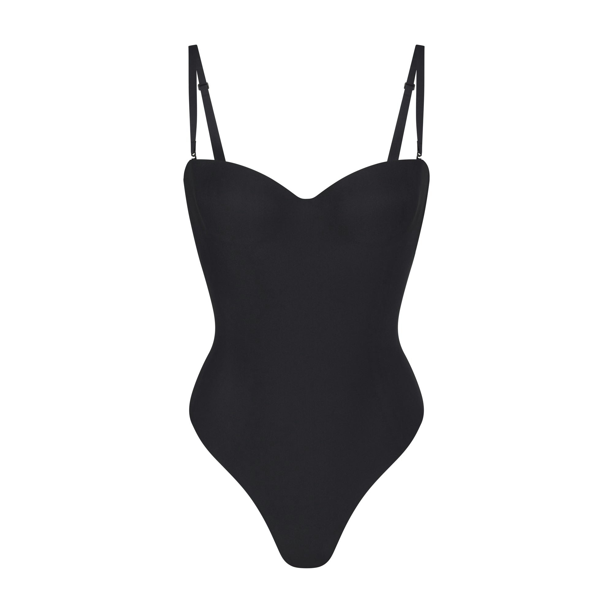 SKIMS BODY UNDERWIRE THONG BODYSUIT | ONYX (SHAPEWEAR BODYSUITS, SHAPEWEAR) LAYS FLAT ON A WHITE BACKGROUND | FLT