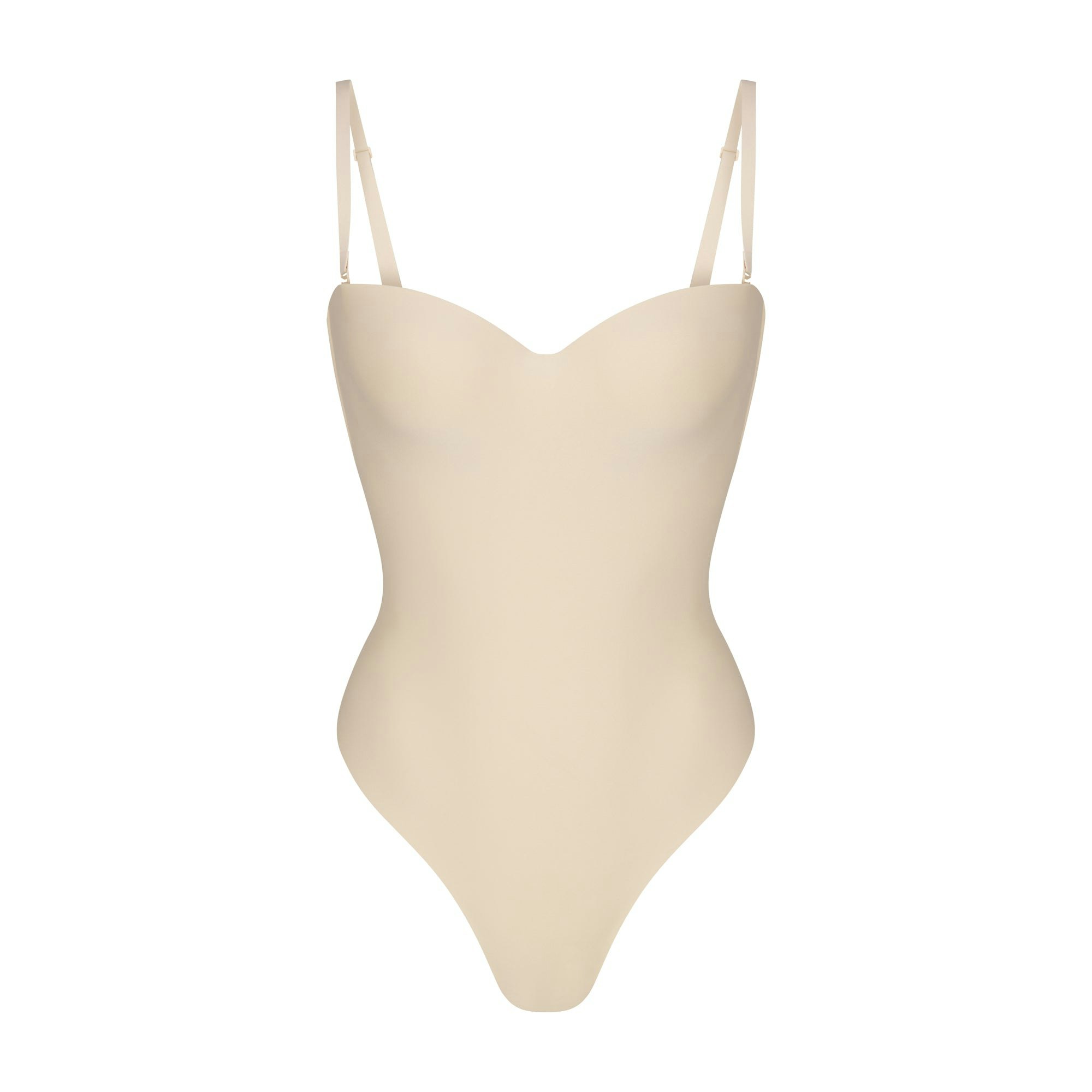 SKIMS BODY UNDERWIRE THONG BODYSUIT | SAND (SHAPEWEAR BODYSUITS, SHAPEWEAR) LAYS FLAT ON A WHITE BACKGROUND | FLT