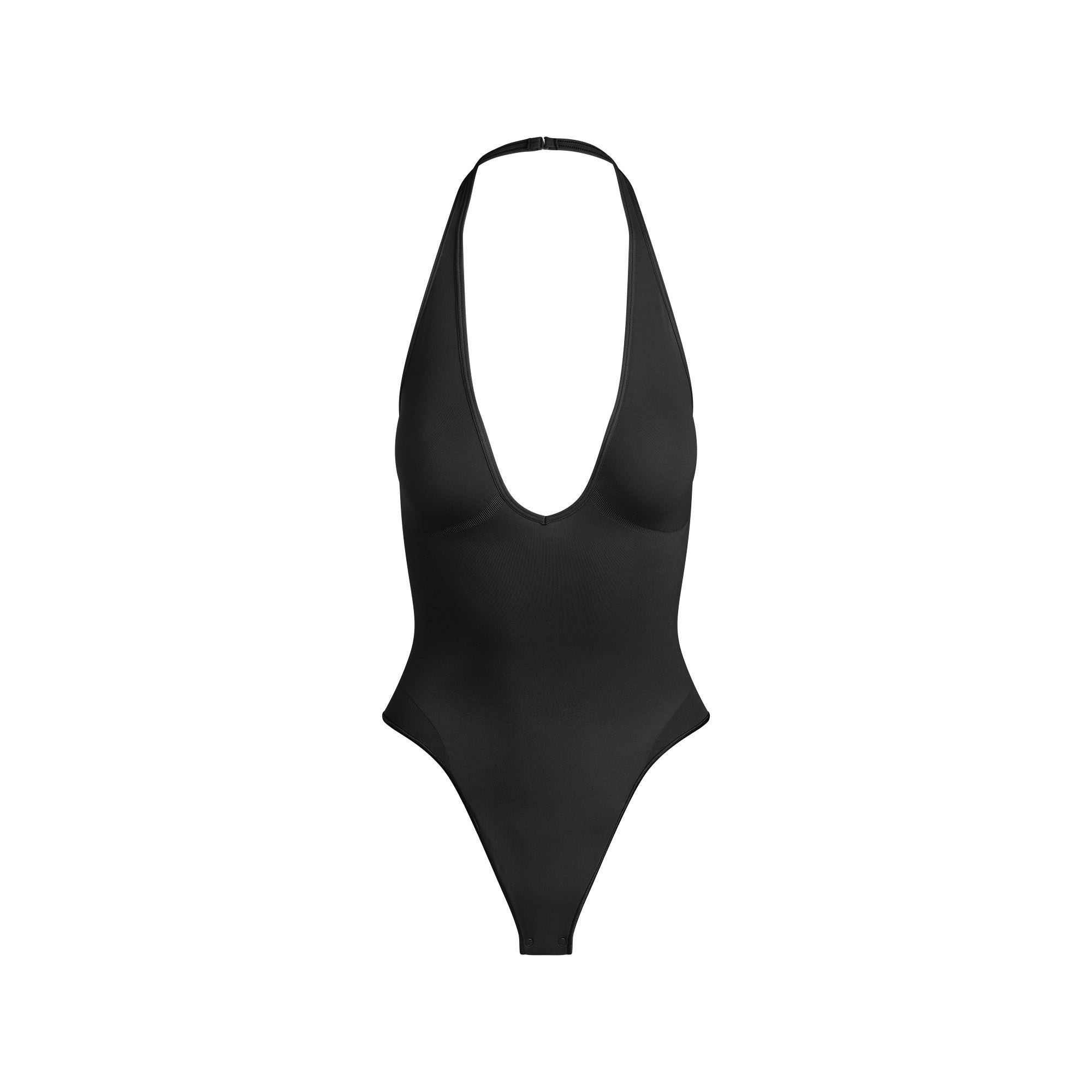 SEAMLESS SCULPT DEEP PLUNGE THONG BODYSUIT | ONYX FLAT ON A WHITE BACKGROUND | FLT