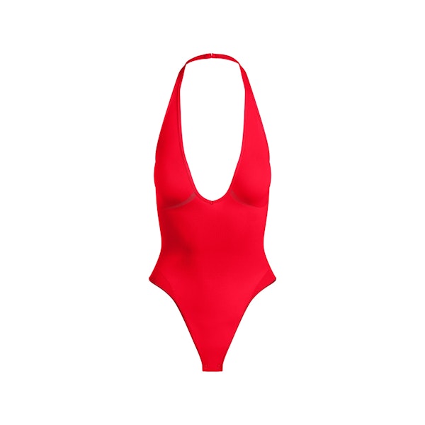 SEAMLESS SCULPT DEEP PLUNGE THONG BODYSUIT | RUBY FLAT ON A WHITE BACKGROUND