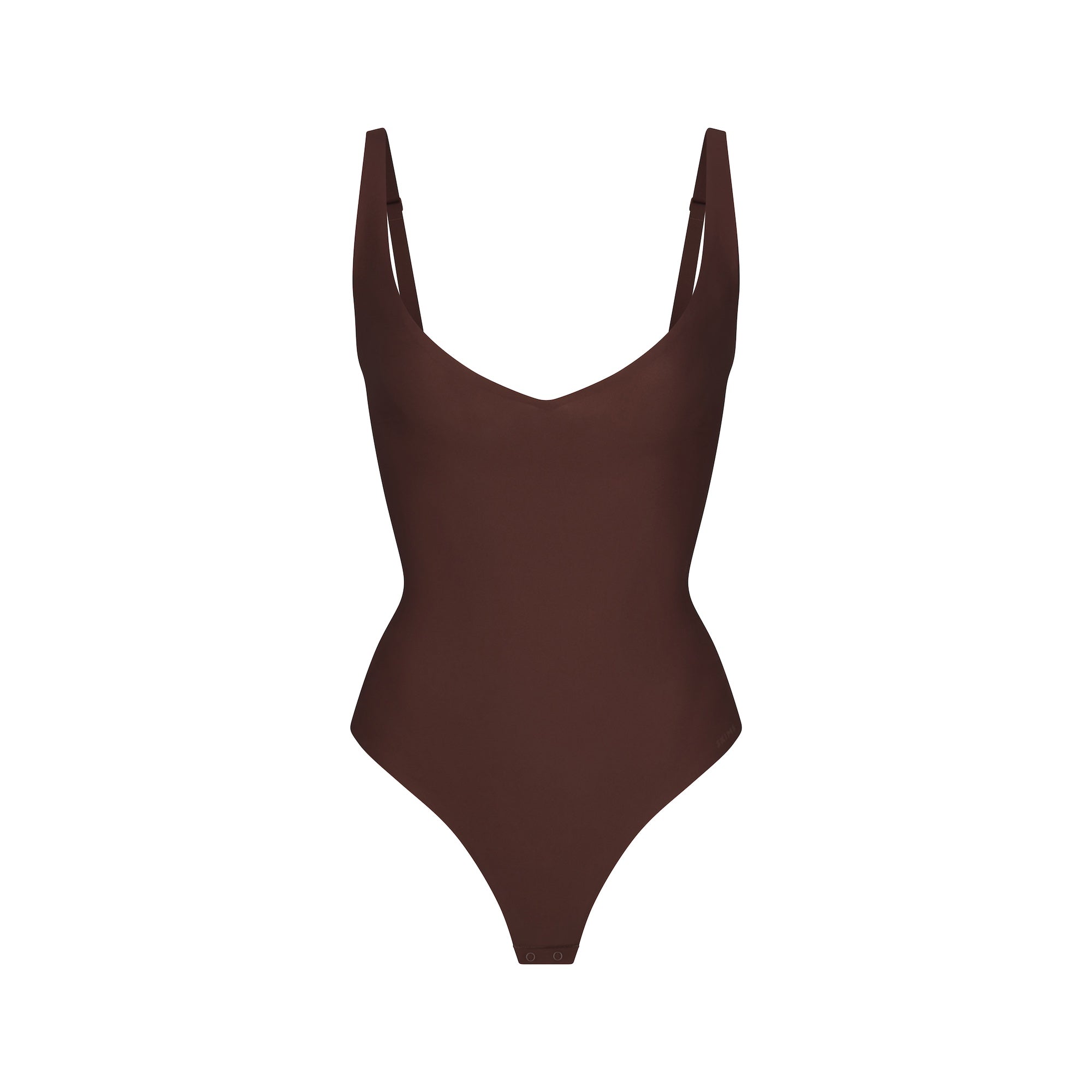 SKIMS BODY CORE SCULPT PLUNGE THONG BODYSUIT | COCOA (SHAPEWEAR BODYSUITS) FLAT ON A WHITE BACKGROUND | FLT