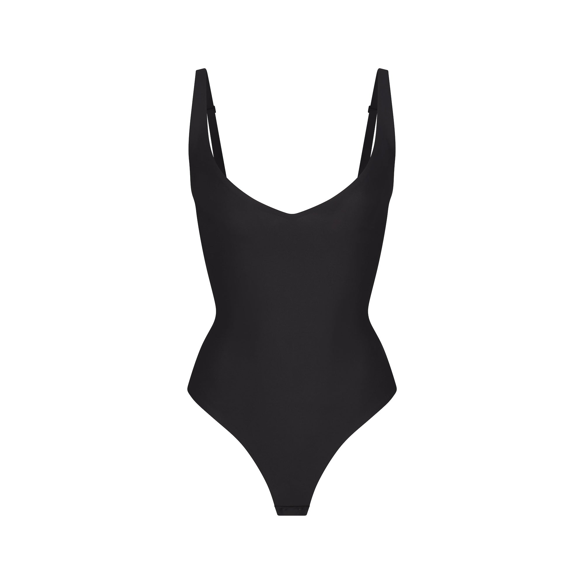 SKIMS BODY CORE SCULPT PLUNGE THONG BODYSUIT | ONYX (SHAPEWEAR BODYSUITS) FLAT ON A WHITE BACKGROUND | FLT