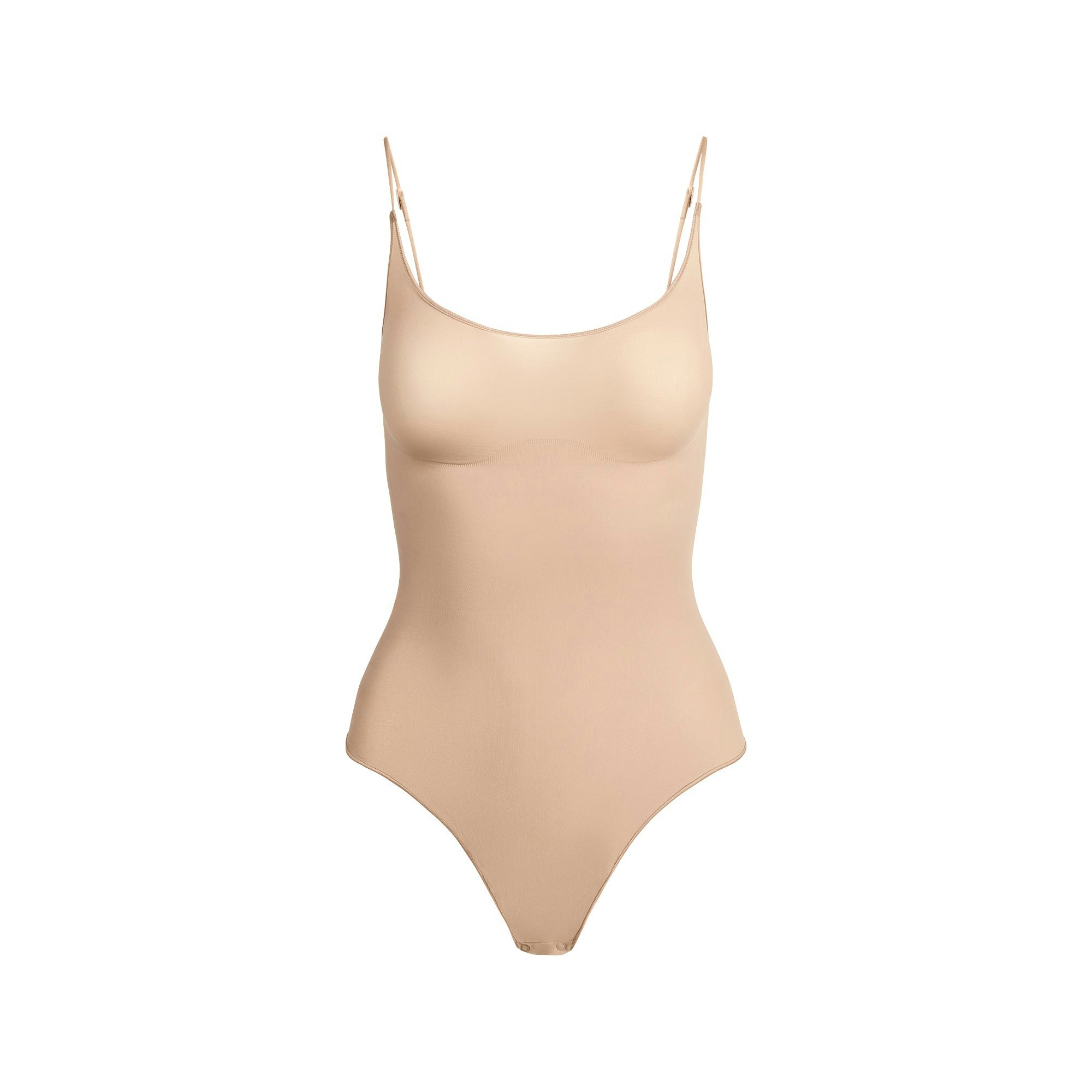 SHEER SEAMLESS THONG BODYSUIT | CLAY FLAT ON A WHITE BACKGROUND | FLT
