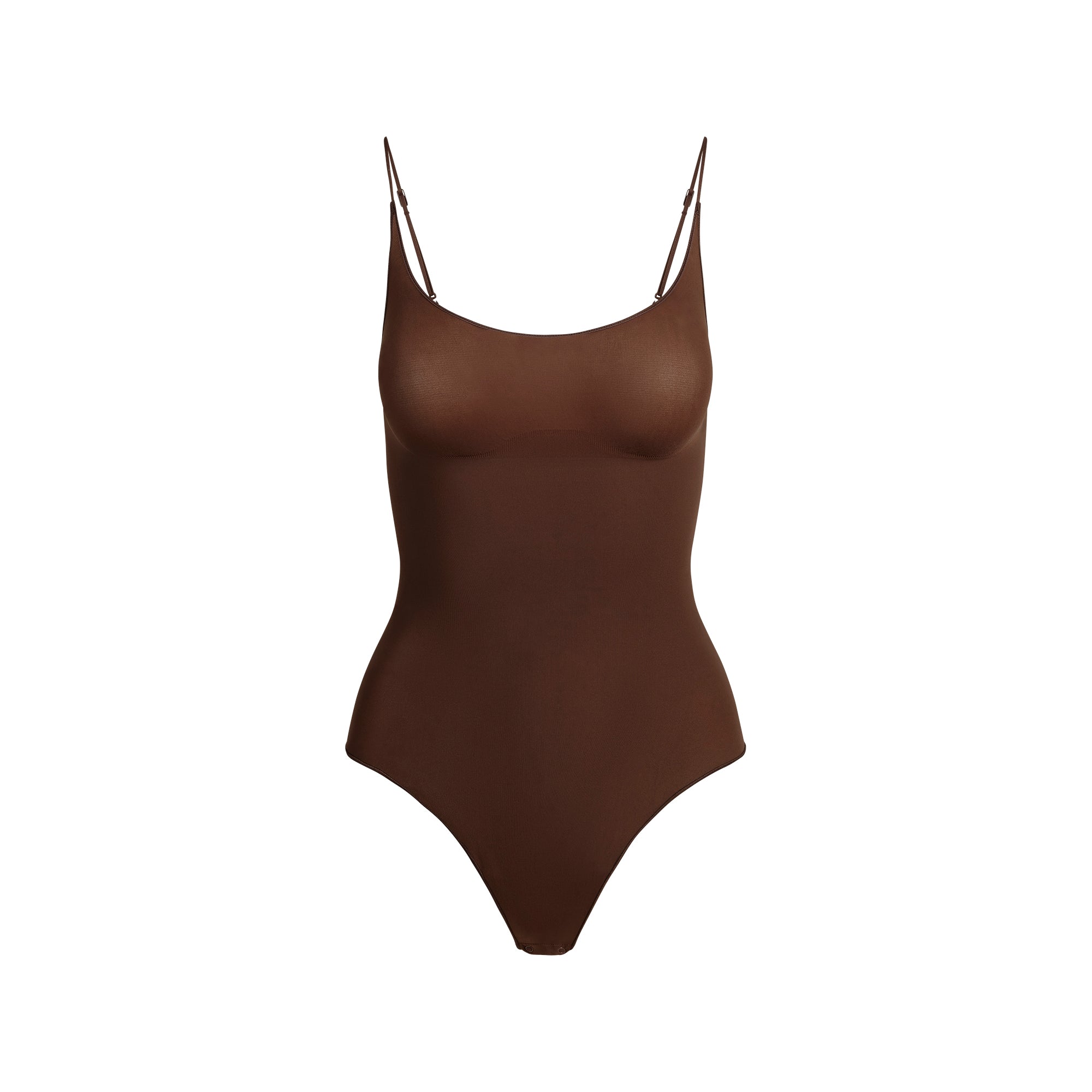 SHEER SEAMLESS THONG BODYSUIT | COCOA FLAT ON A WHITE BACKGROUND | FLT