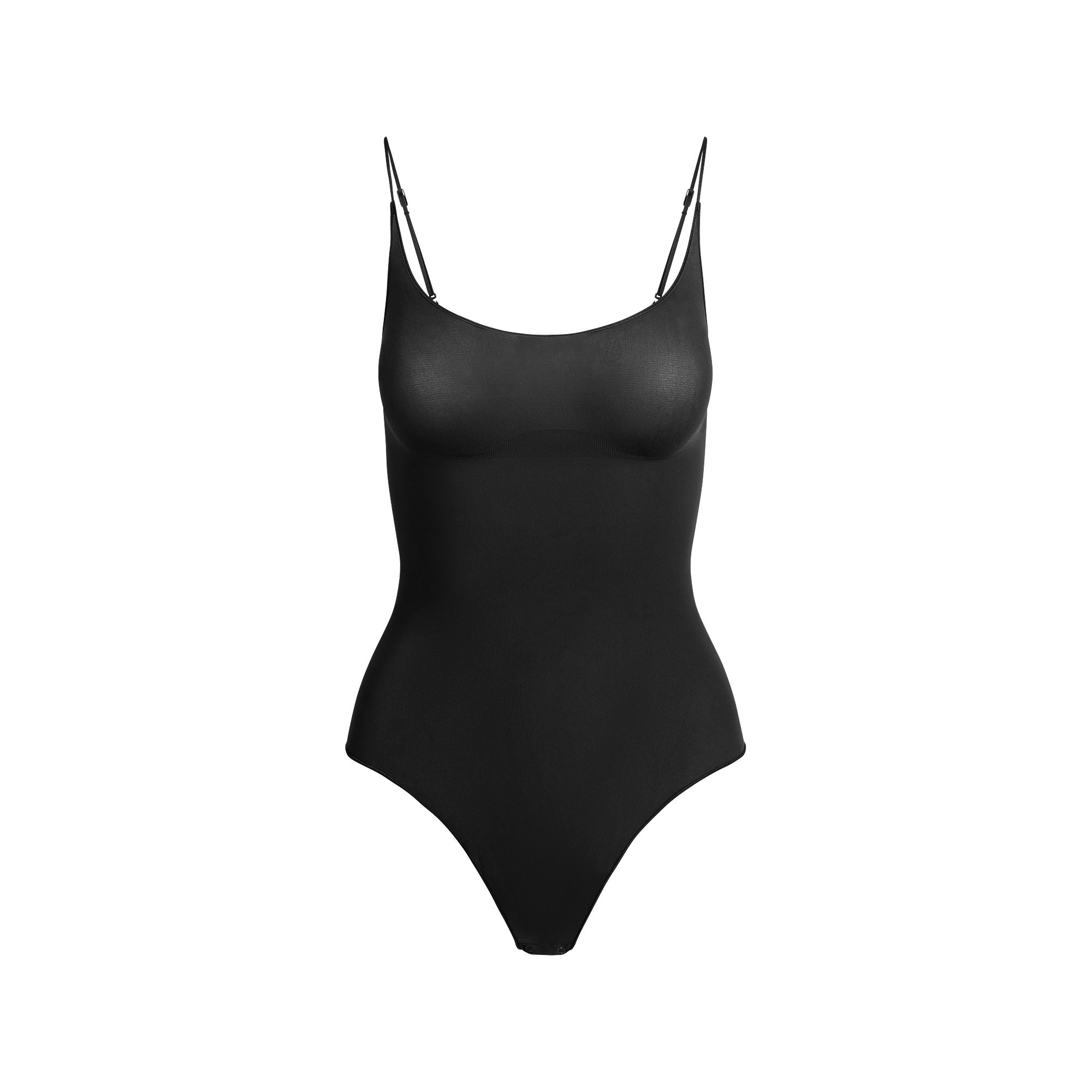 SHEER SEAMLESS THONG BODYSUIT | ONYX FLAT ON A WHITE BACKGROUND | FLT
