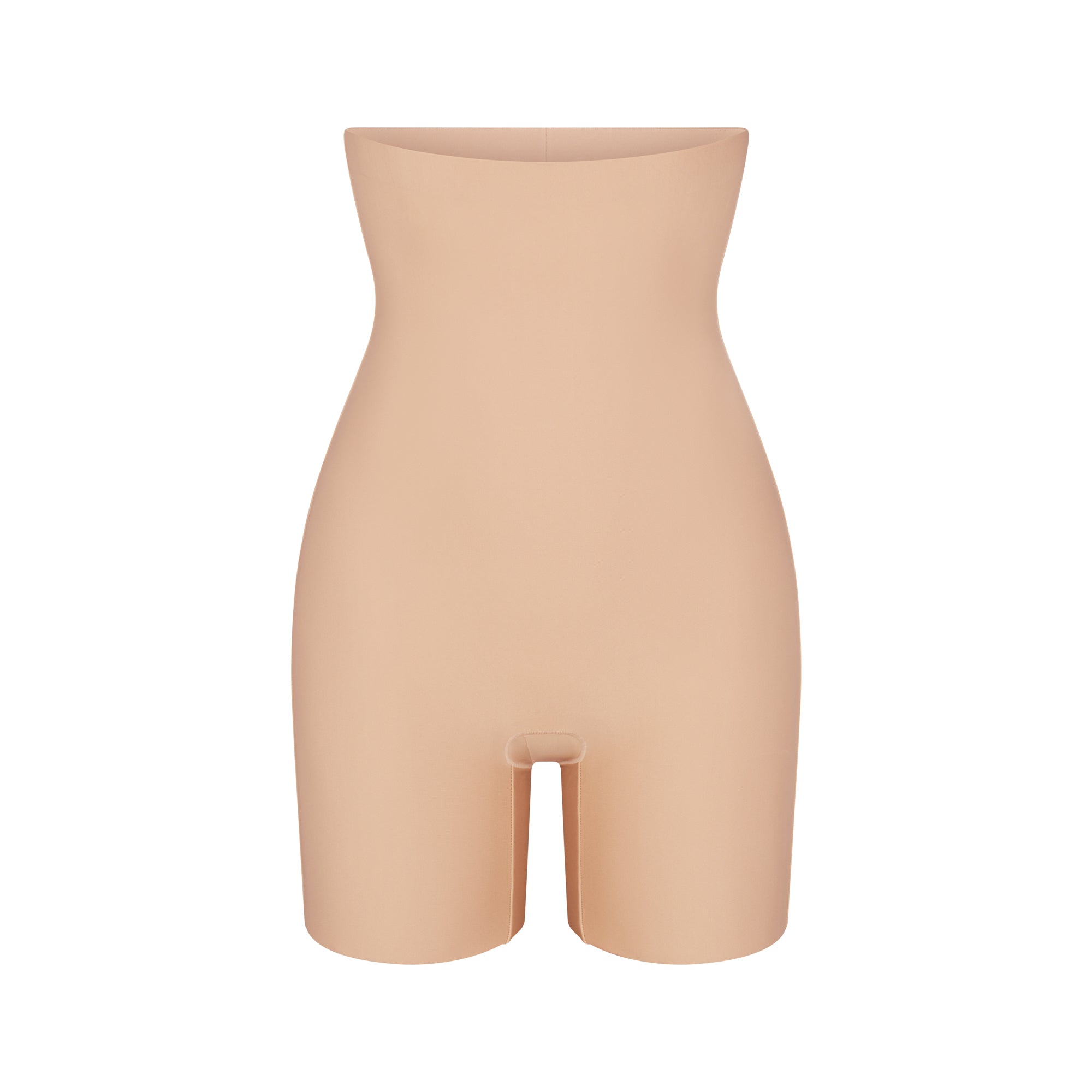 SKIMS BODY HIGH-WAISTED MID THIGH SHORT | CLAY (SHAPEWEAR SHORTS, SHAPEWEAR) LAYS FLAT ON A WHITE BACKGROUND