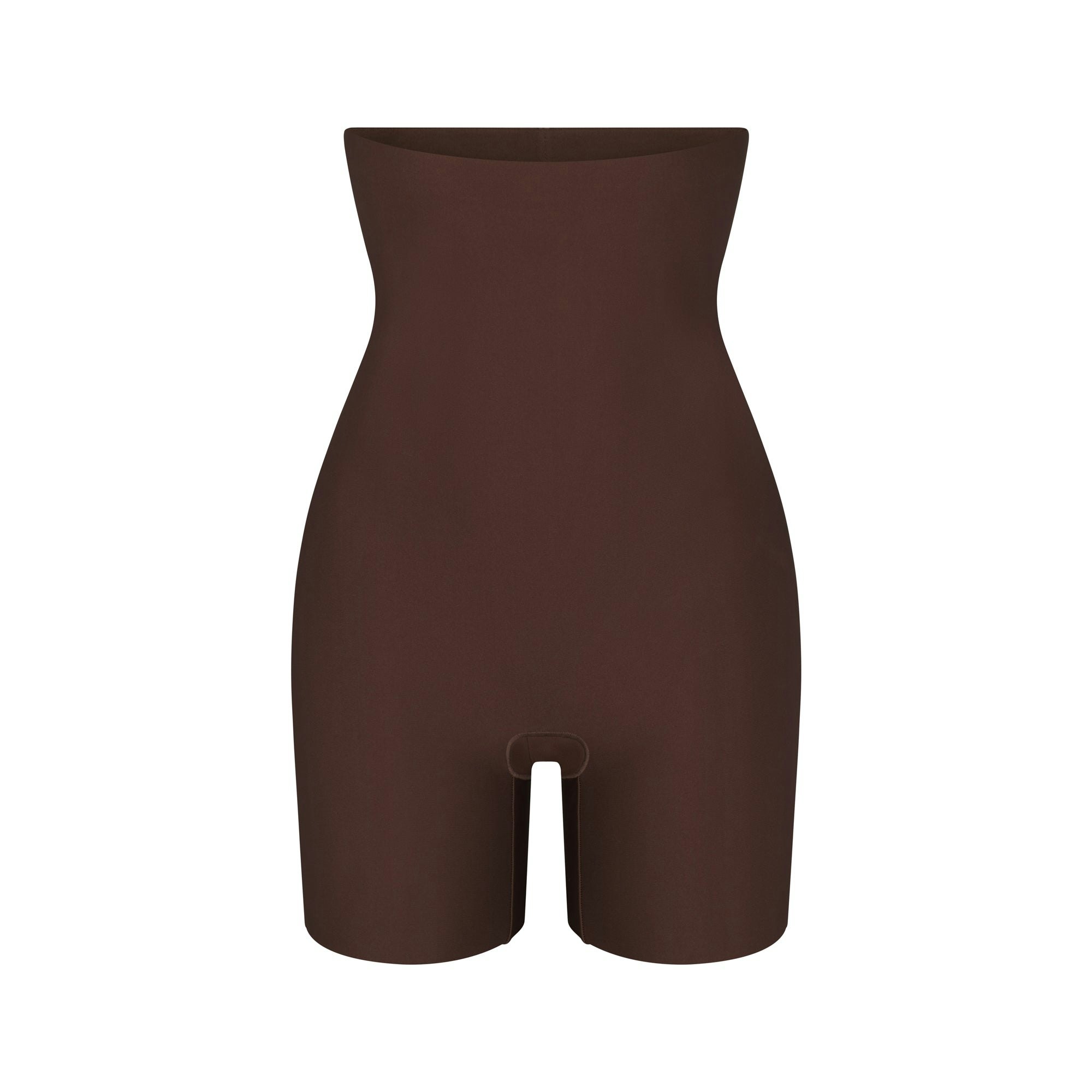 SKIMS BODY HIGH-WAISTED MID THIGH SHORT | COCOA (SHAPEWEAR SHORTS, SHAPEWEAR) LAYS FLAT ON A WHITE BACKGROUND | FLT