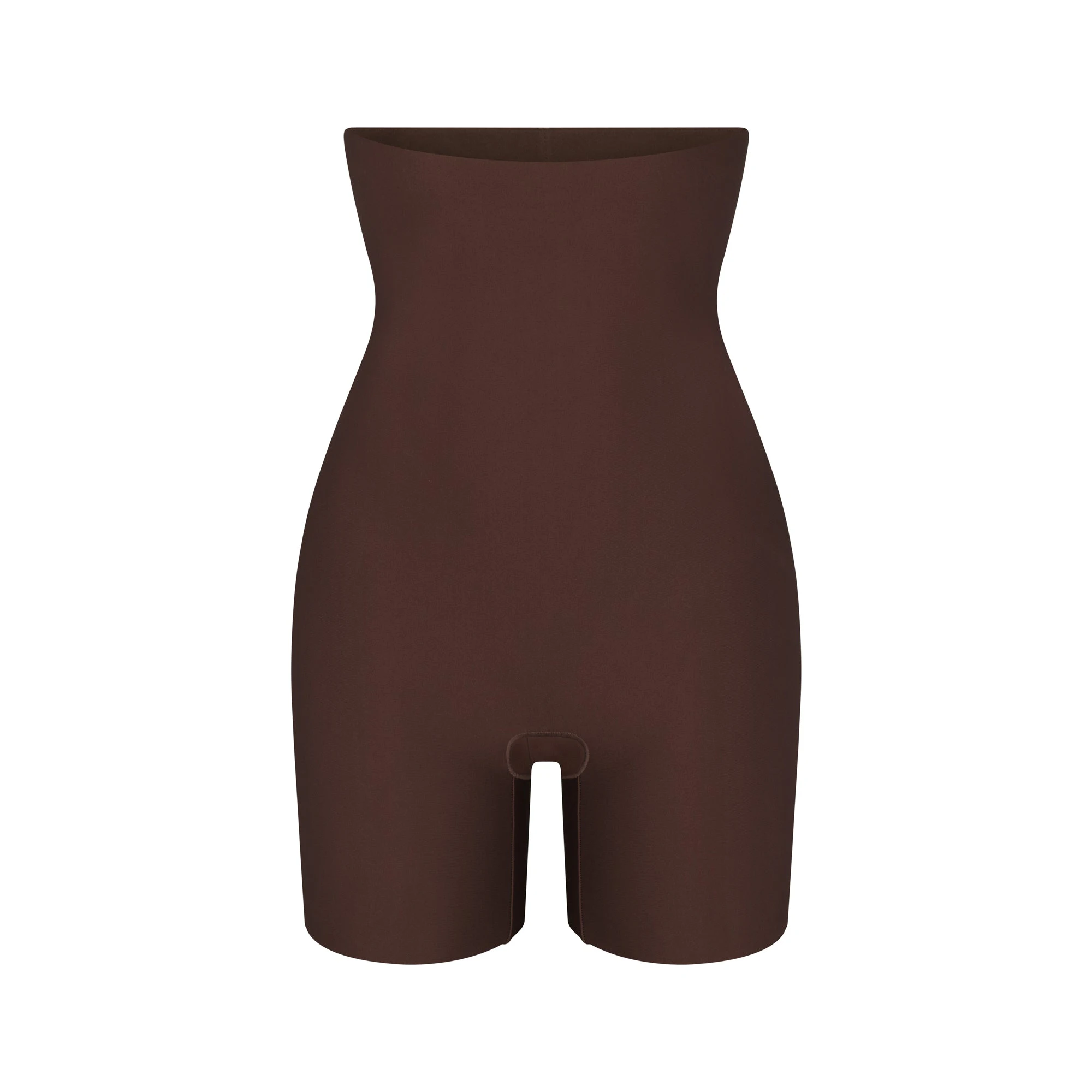 SKIMS BODY HIGH-WAISTED MID THIGH SHORT | COCOA (SHAPEWEAR SHORTS, SHAPEWEAR) LAYS FLAT ON A WHITE BACKGROUND | FLT
