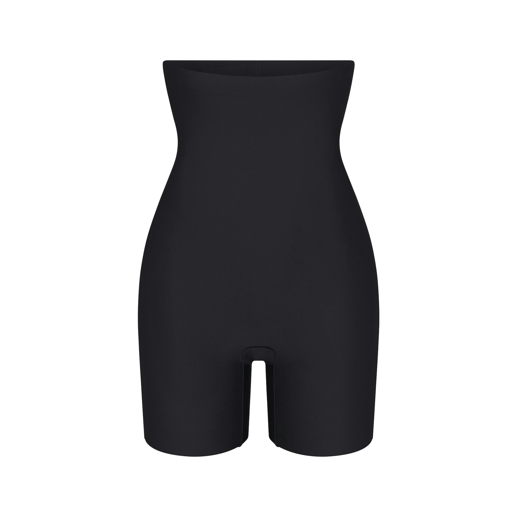 SKIMS BODY HIGH-WAISTED MID THIGH SHORT | ONYX (SHAPEWEAR SHORTS, SHAPEWEAR) LAYS FLAT ON A WHITE BACKGROUND | FLT