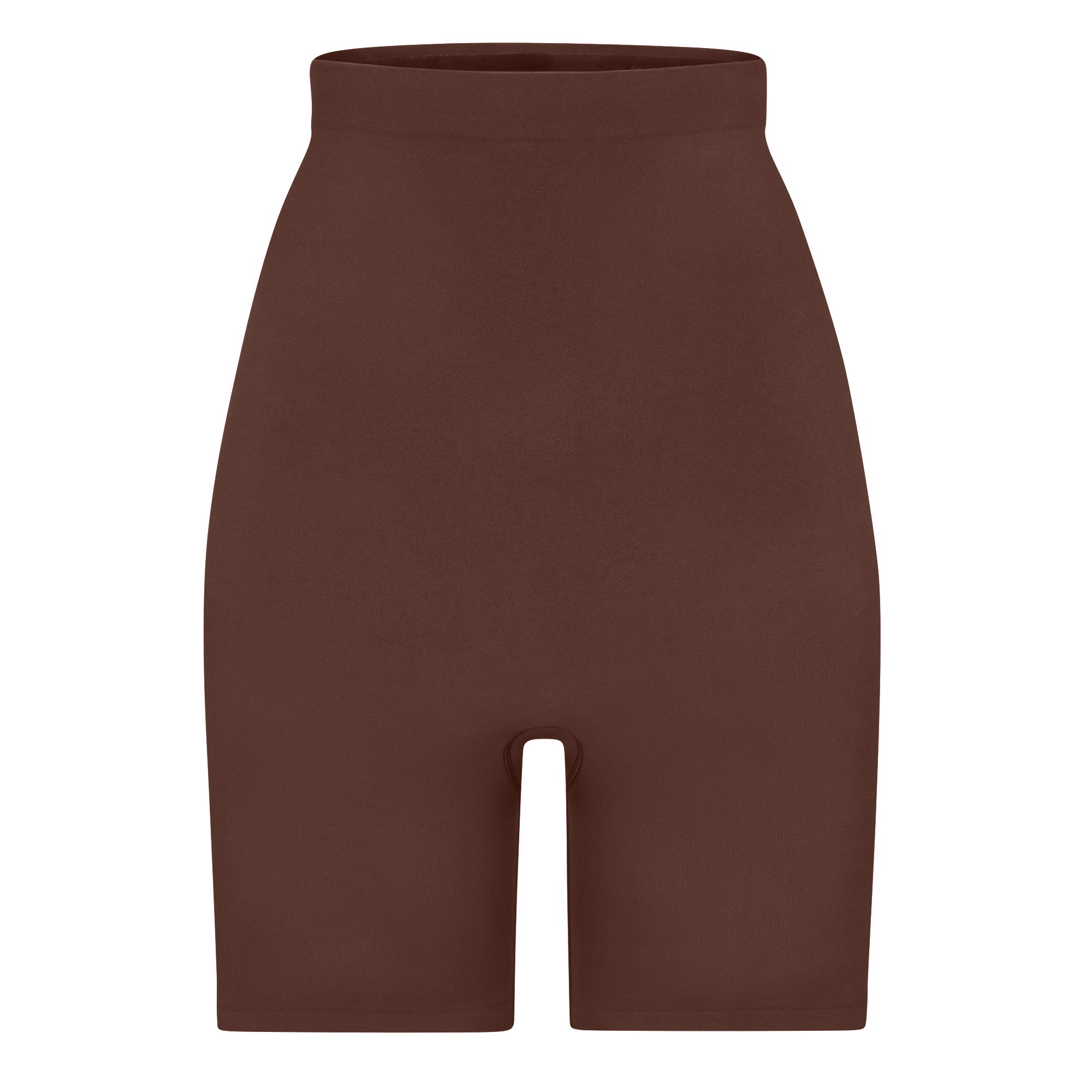 SEAMLESS SCULPT HIGH-WAISTED ABOVE THE KNEE SHORT | COCOA (SHAPEWEAR SHORTS, SHAPEWEAR) LAYS FLAT ON A WHITE BACKGROUND | FLT