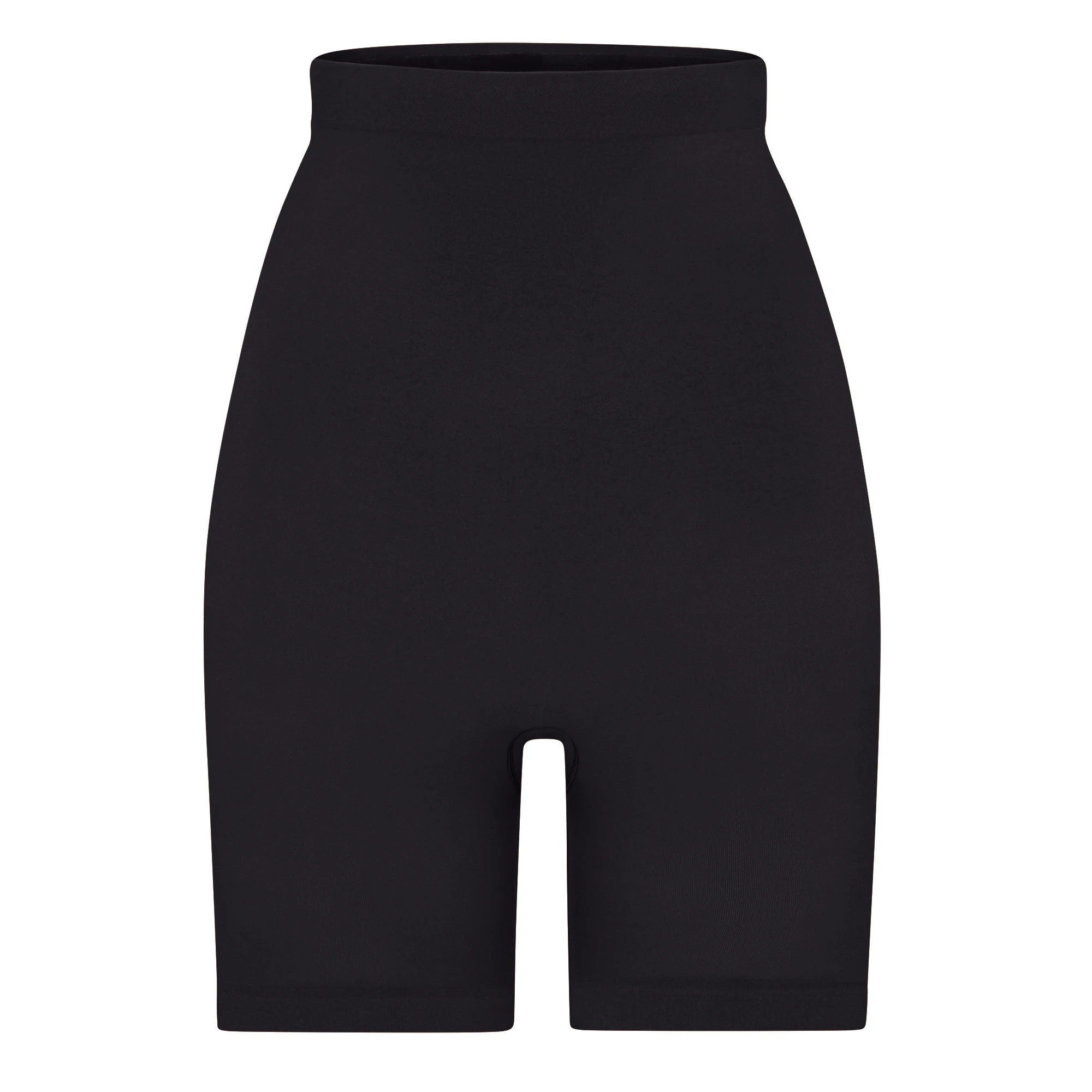 SEAMLESS SCULPT HIGH-WAISTED ABOVE THE KNEE SHORT | ONYX (SHAPEWEAR SHORTS, SHAPEWEAR) LAYS FLAT ON A WHITE BACKGROUND | FLT