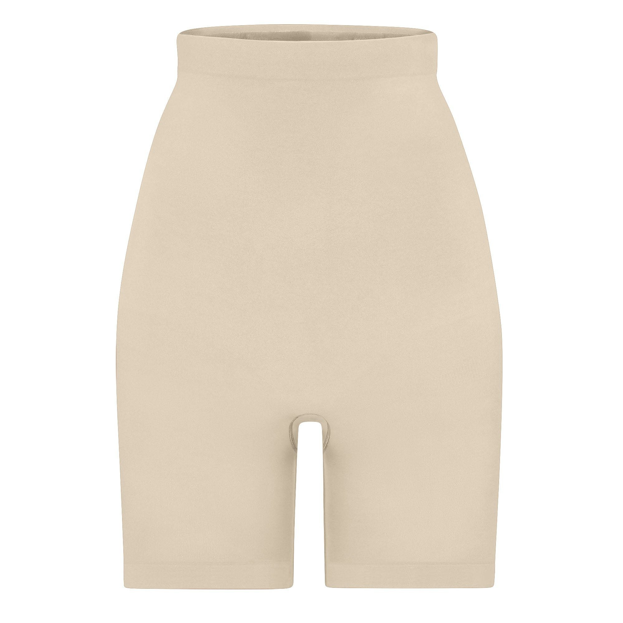 SEAMLESS SCULPT HIGH-WAISTED ABOVE THE KNEE SHORT | SAND (SHAPEWEAR SHORTS, SHAPEWEAR) LAYS FLAT ON A WHITE BACKGROUND | FLT